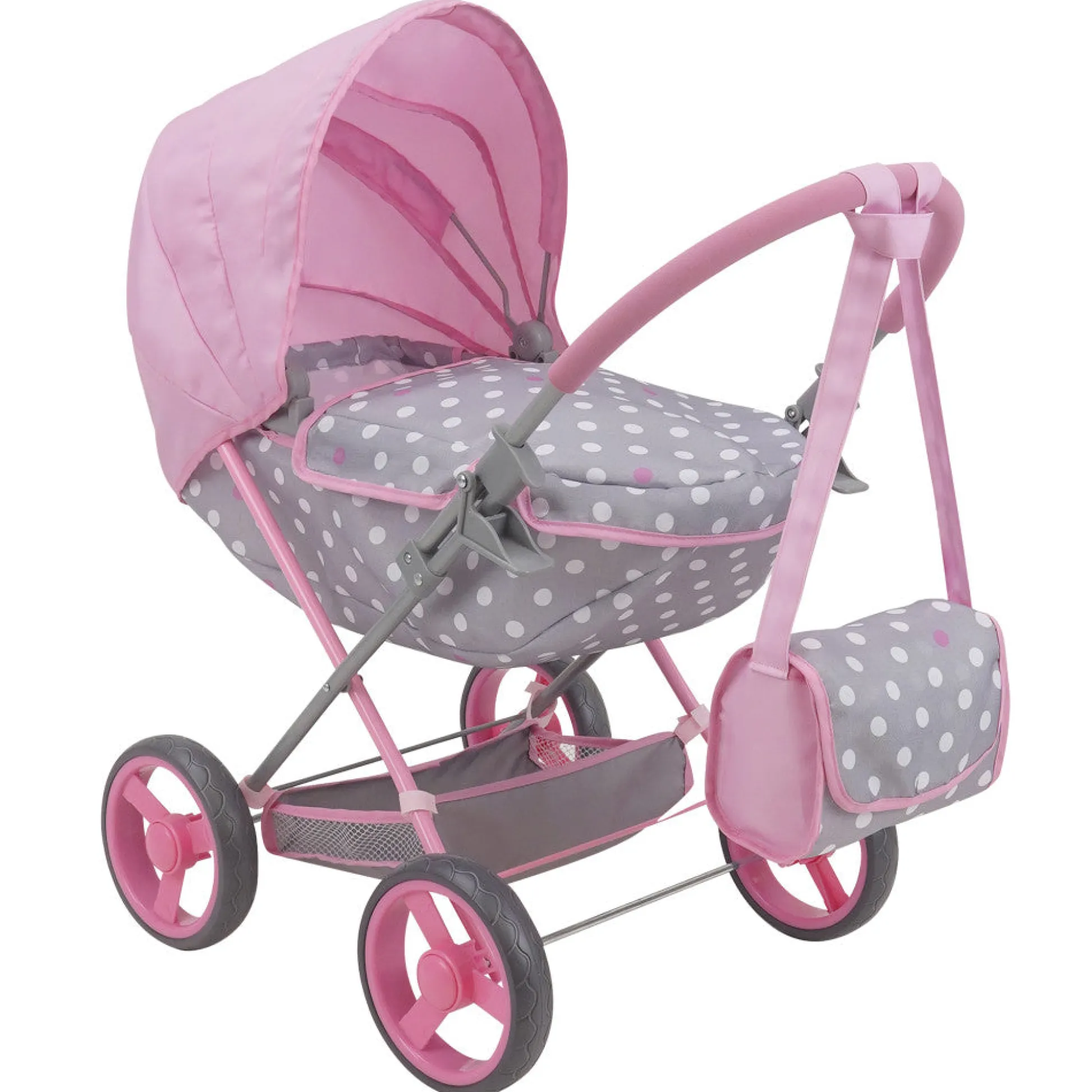 Flat River Group 509 Crew Cotton Candy Pink Deluxe Doll Pram with Matching Bag - Pink, Grey, Polka Dot* Stuffed Animals & Plush Toys|Social & Emotional Skills