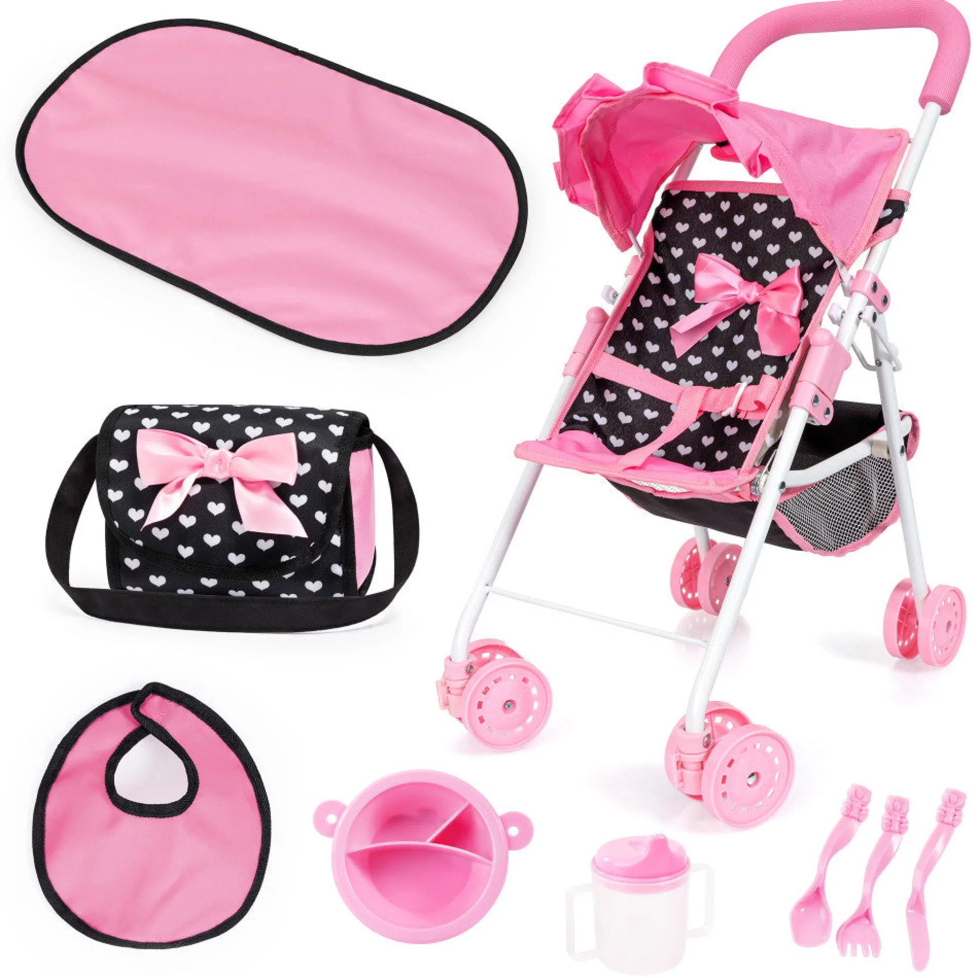 Flat River Group Bayer Design Doll Stroller Playset with Accessories - Pink & Black Hearts* Social & Emotional Skills|Stuffed Animals & Plush Toys