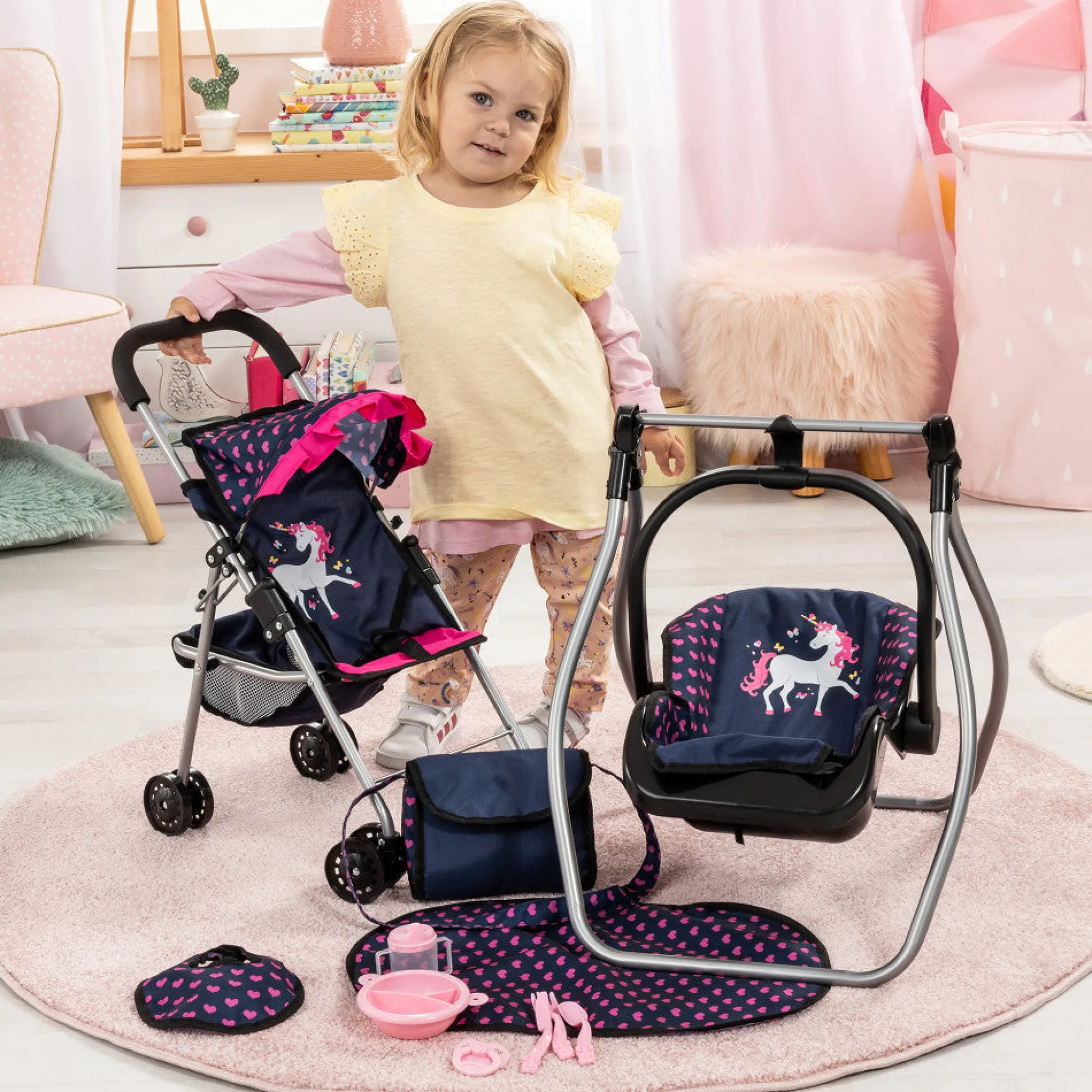 Flat River Group Bayer Design Dolls: 11 Piece Stroller Set - Navy, Pink, Hearts, Unicorn* Stuffed Animals & Plush Toys