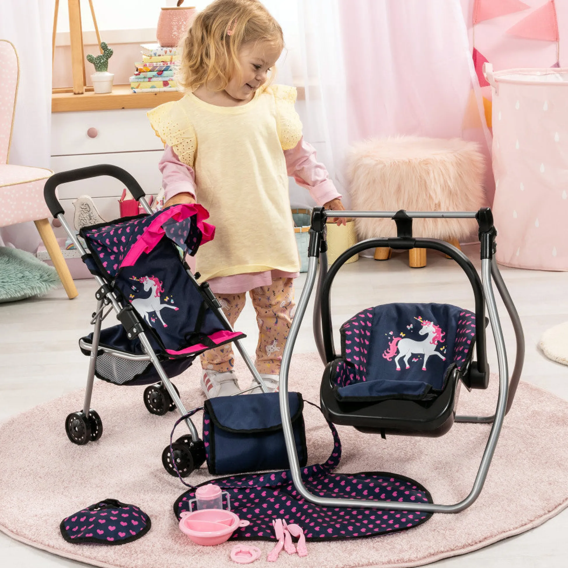 Flat River Group Bayer Design Dolls: 11 Piece Stroller Set - Navy, Pink, Hearts, Unicorn* Stuffed Animals & Plush Toys