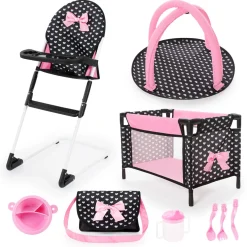 Flat River Group Bayer Design Dolls: 9-Piece Travel Set with Highchair and Port-a-Crib - Black, Pink, Hearts* Stuffed Animals & Plush Toys