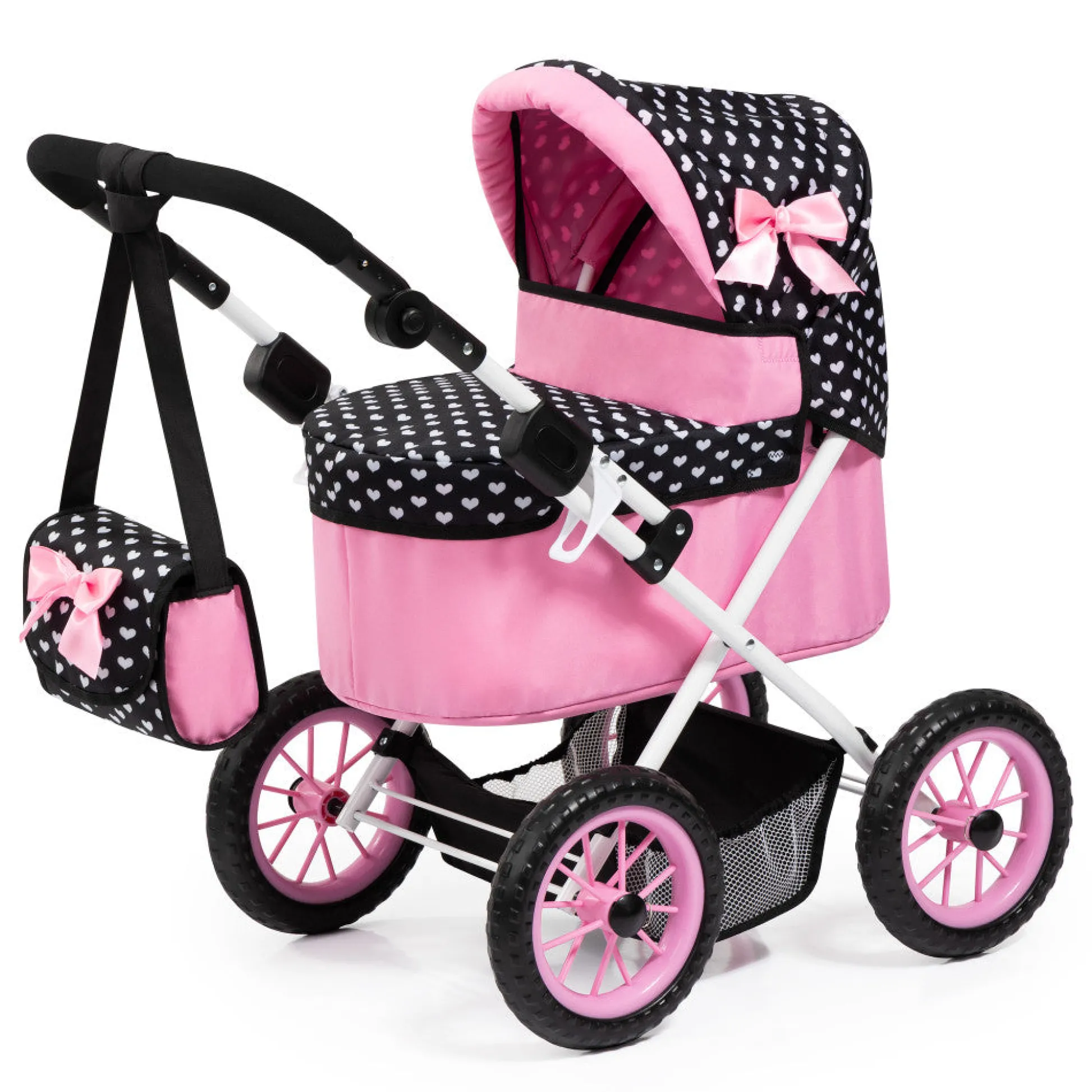 Flat River Group Bayer Design Trendy Doll Pram, Hearts Black & Pink with Shoulder Bag* Stuffed Animals & Plush Toys|Social & Emotional Skills