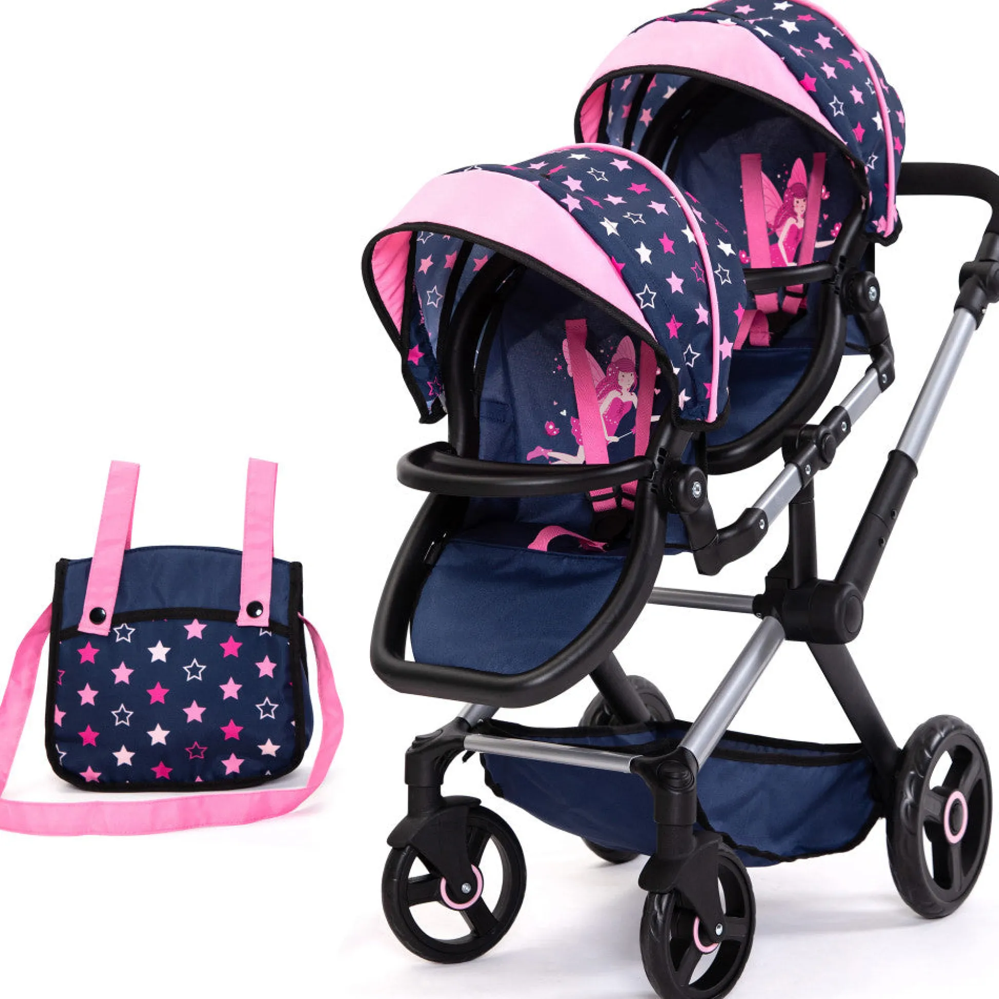 Flat River Group Bayer Design Twin Doll Pram, Stars Navy & Pink with Matching Handbag* Social & Emotional Skills|Stuffed Animals & Plush Toys
