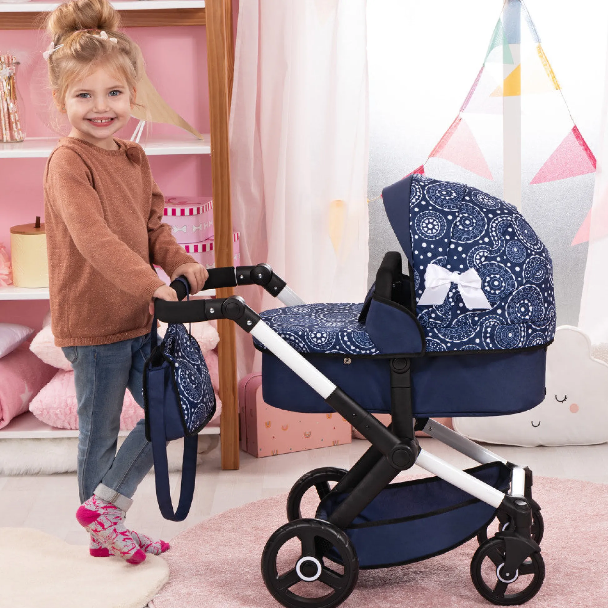 Flat River Group Bayer Design Xeo Pram Doll Stroller - Blue and White Circles for 18" Dolls* Stuffed Animals & Plush Toys
