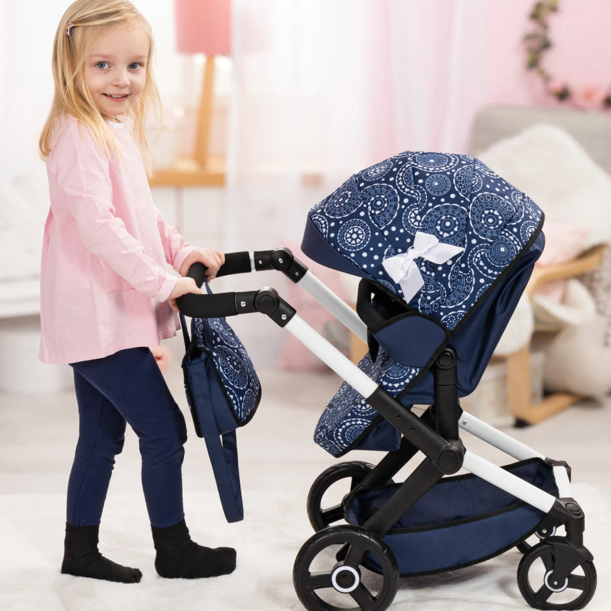 Flat River Group Bayer Design Xeo Pram Doll Stroller - Blue and White Circles for 18" Dolls* Stuffed Animals & Plush Toys