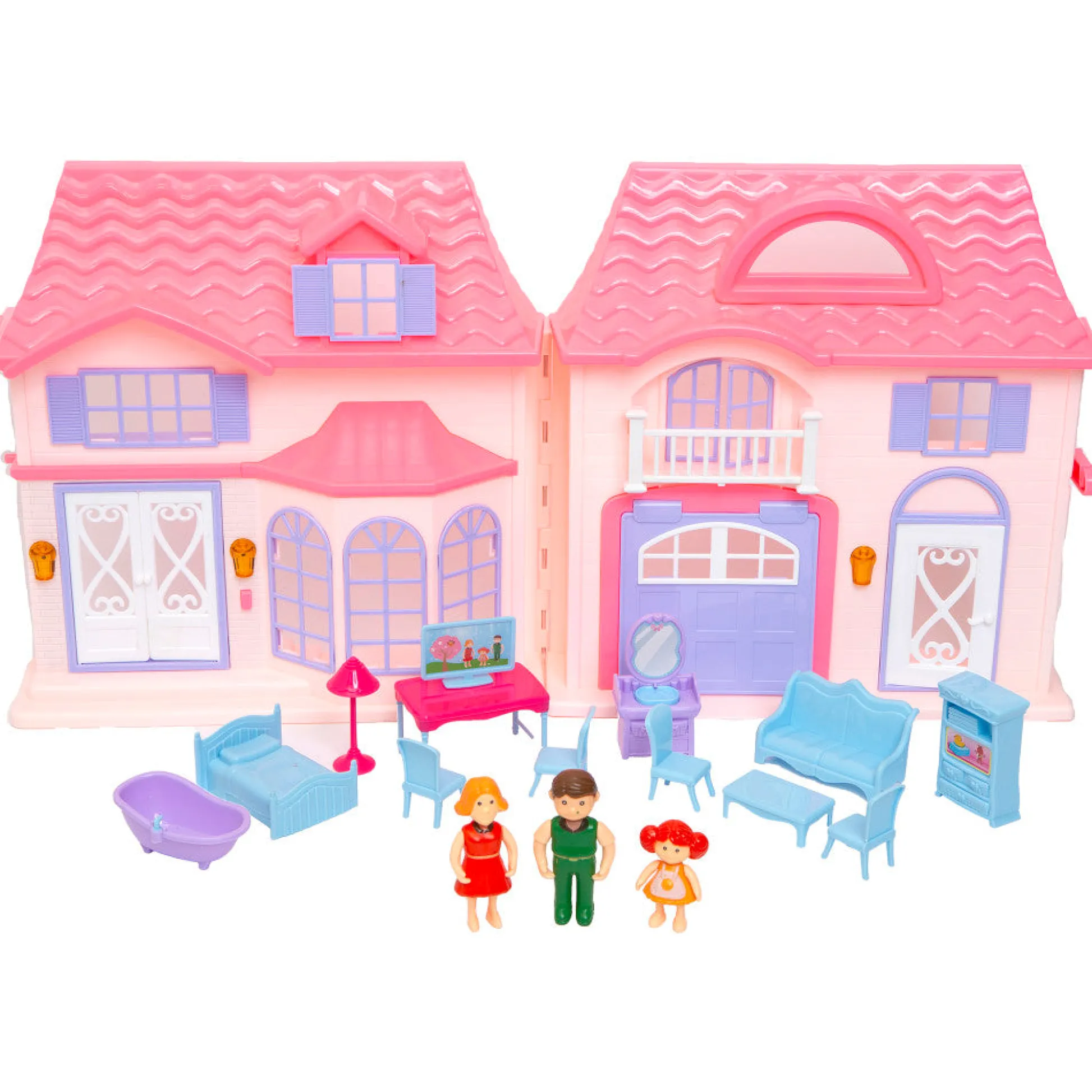 Flat River Group Boley Doll House Playset - Pink & Purple - 16pc with 3 Family Dolls for Kids 3+* Doll Houses, Furniture & Accessories|Stuffed Animals & Plush Toys