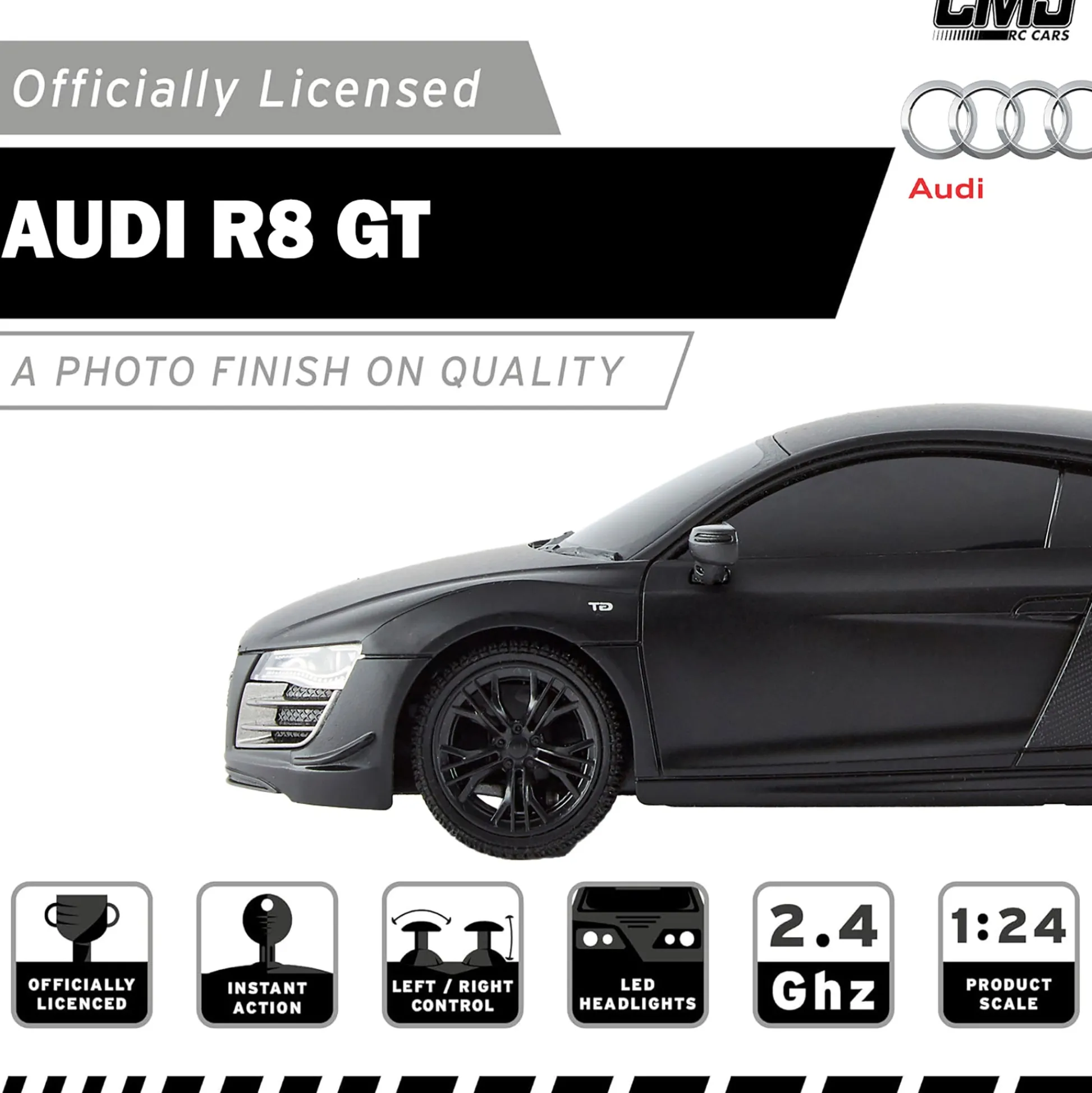 Flat River Group CMJ RC Cars Audi R8 GT - Black - 1:24 Scale Remote Control Car with LED Headlights and 2.4GHz Racing Frequency* Rc Cars & Flight