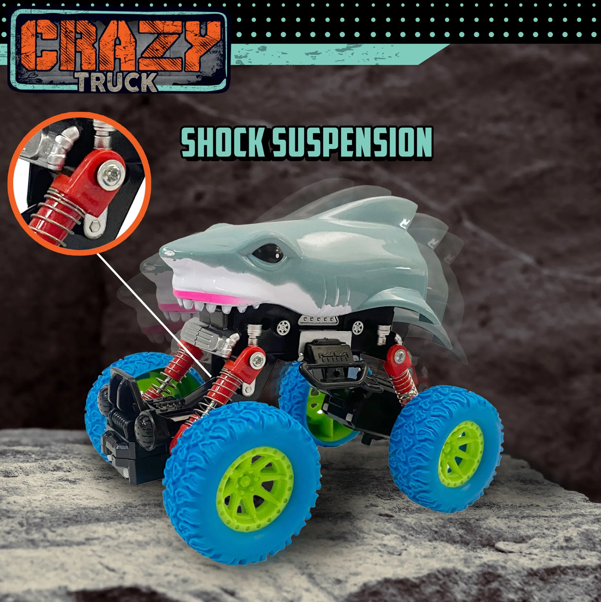 Flat River Group Crazy Truck Big Wheels Shark Truck - 4.5" Friction-Powered Stunt Vehicle for Kids 3+* Playsets & Vehicles