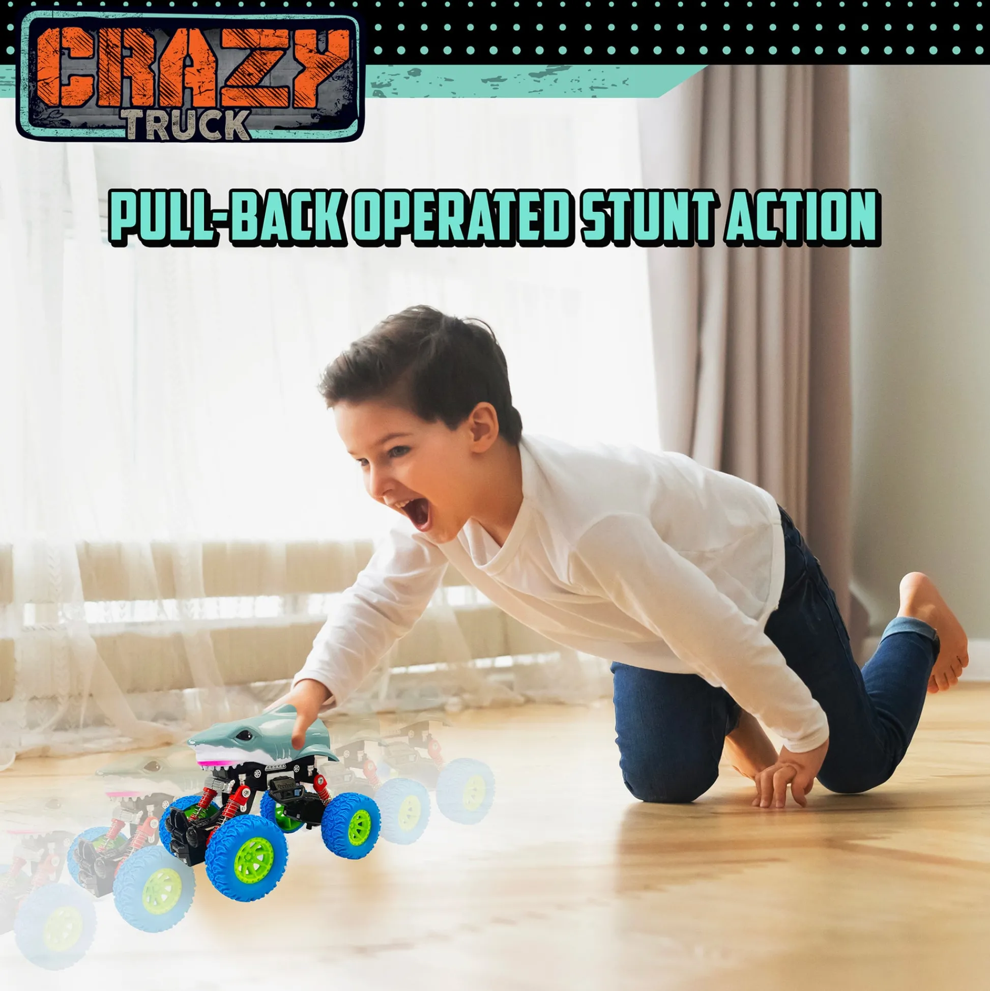 Flat River Group Crazy Truck Big Wheels Shark Truck - 4.5" Friction-Powered Stunt Vehicle for Kids 3+* Playsets & Vehicles