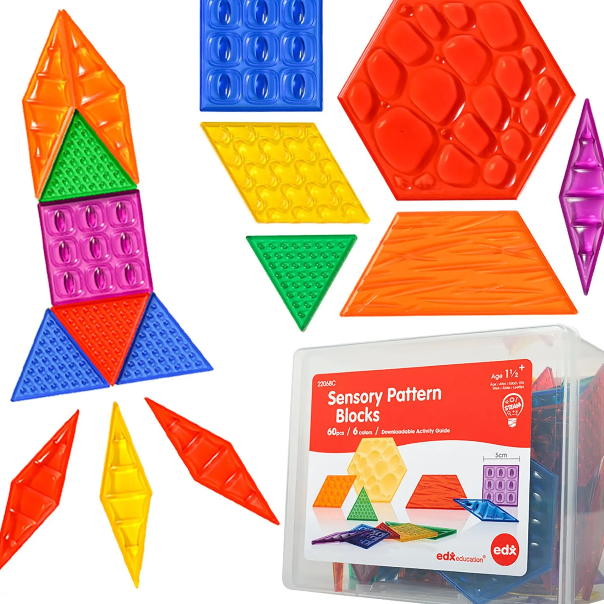 Educators Resource edxeducation Translucent Sensory Pattern Blocks - Tactile Exploration Set* Preschool Building Sets & Blocks|Preschool Education Toys & Activities