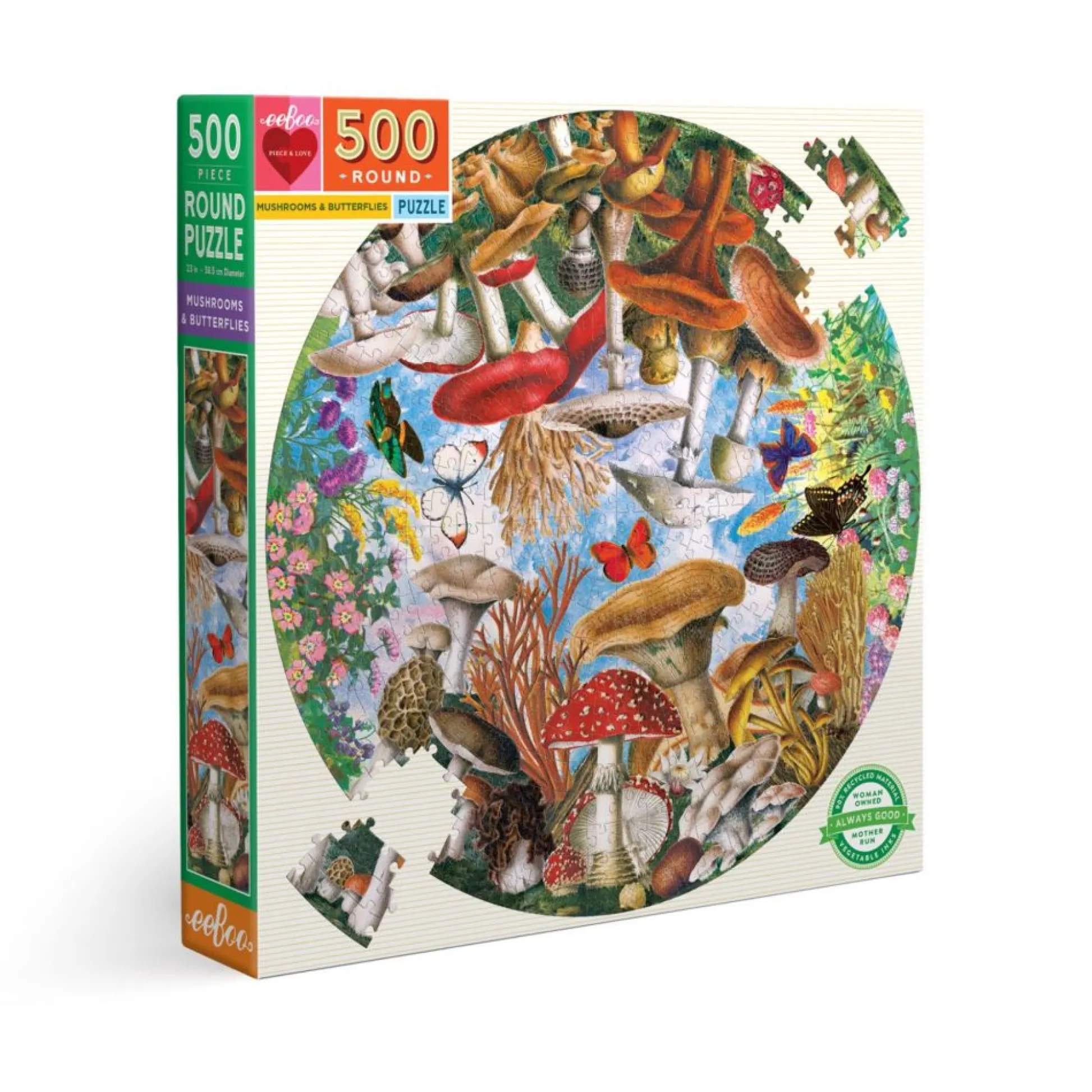 Flat River Group eeBoo Piece and Love Mushrooms and Butterflies 500-Piece Round Jigsaw Puzzle* Puzzles