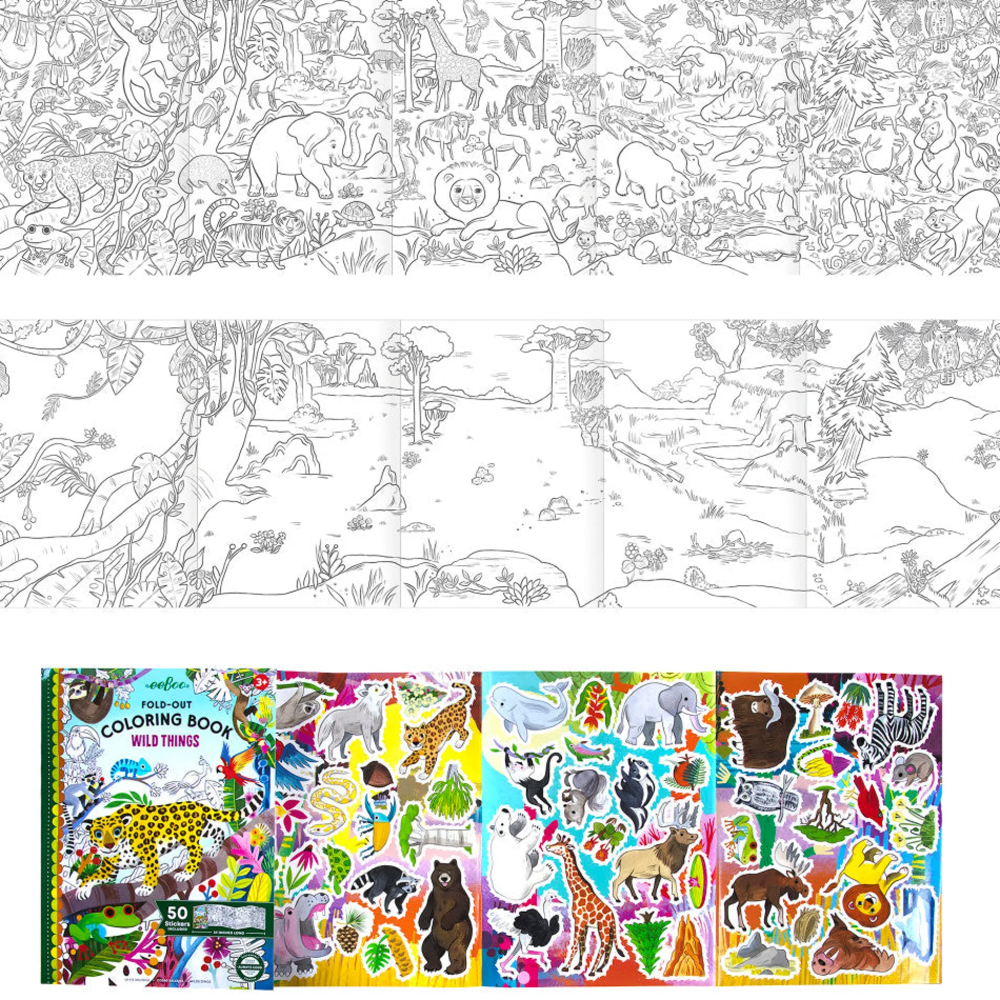 Flat River Group eeBoo Wild Things Fold-Out Coloring Mural Book with 50 Shiny Stickers*Kids Kids Books|Drawing, Color & Painting