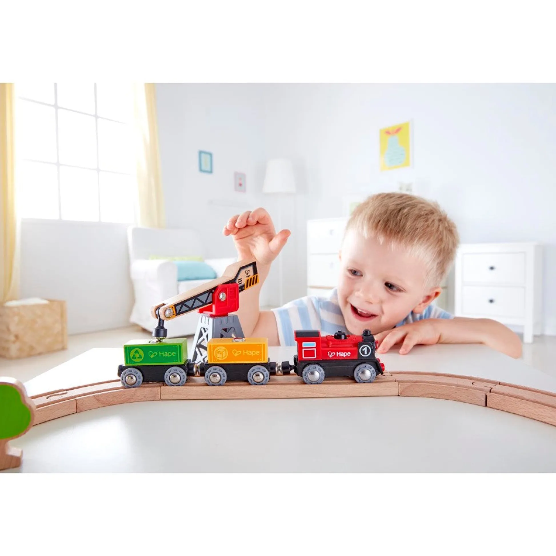 Flat River Group Hape - Cargo Delivery Loop - Battery Powered Engine & Oval Track Railway Set* Trains & Train Tables