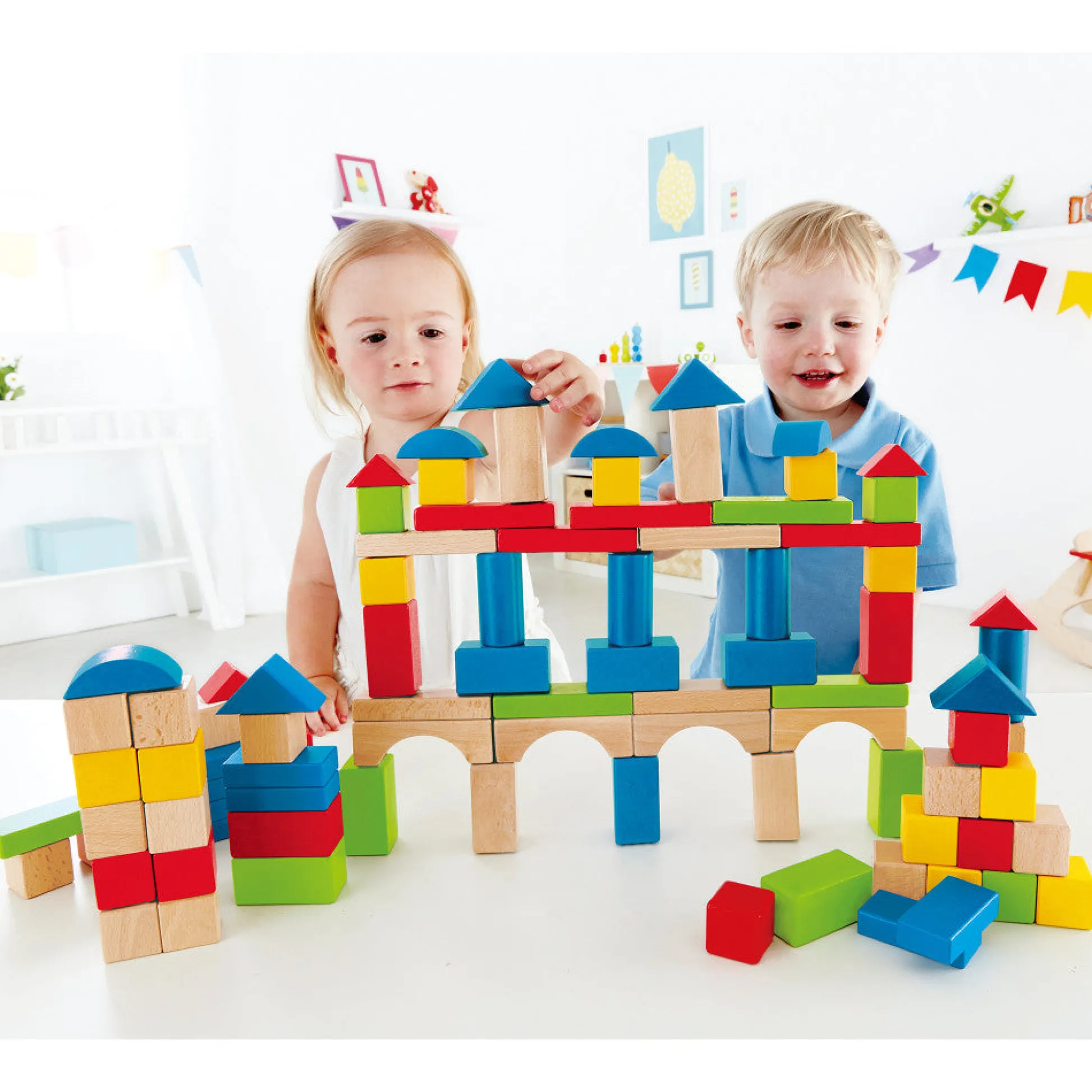 Flat River Group Hape Build Up & Away 100-Piece Colorful Wooden Block Set* Wood & Jumbo Blocks