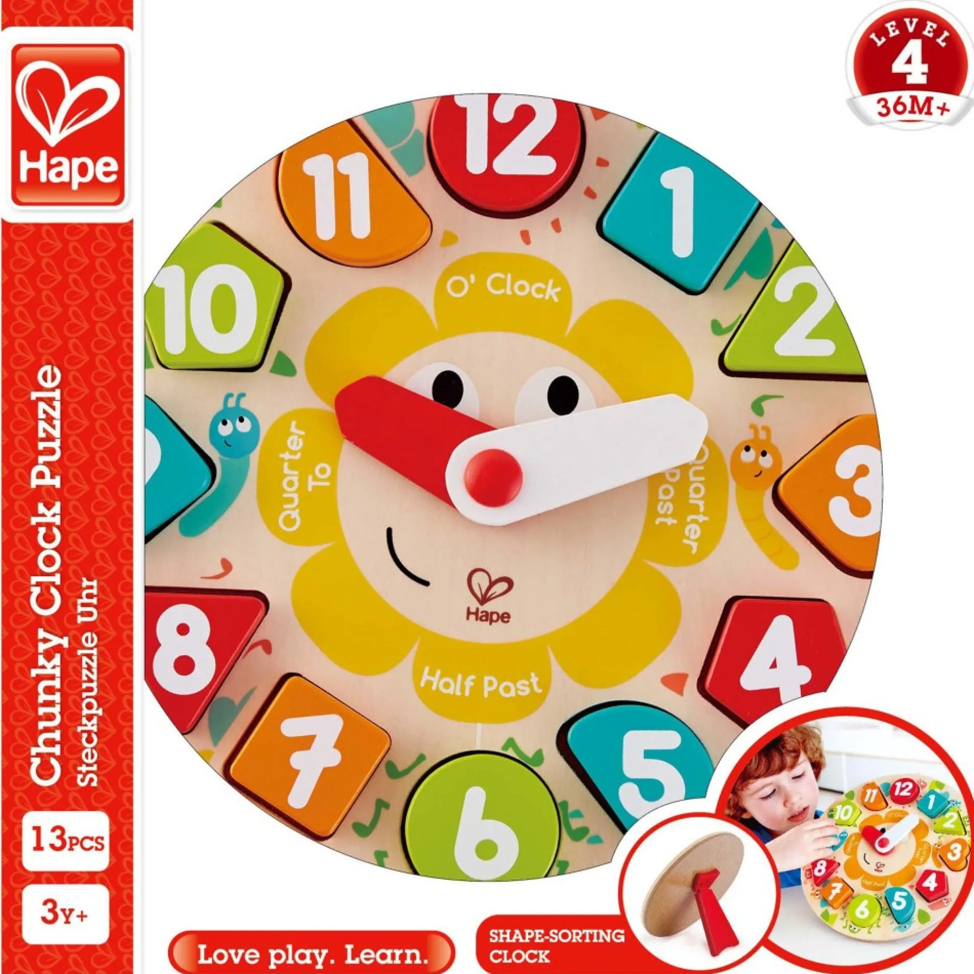 Flat River Group Hape Learn The Time Bug Puzzle - 13pc Colorful Wooden Clock* Preschool Education Toys & Activities|Puzzles