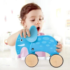 Flat River Group Hape Pull-Along Elephant - Blue Wooden Animal Toy* Developmental Toys
