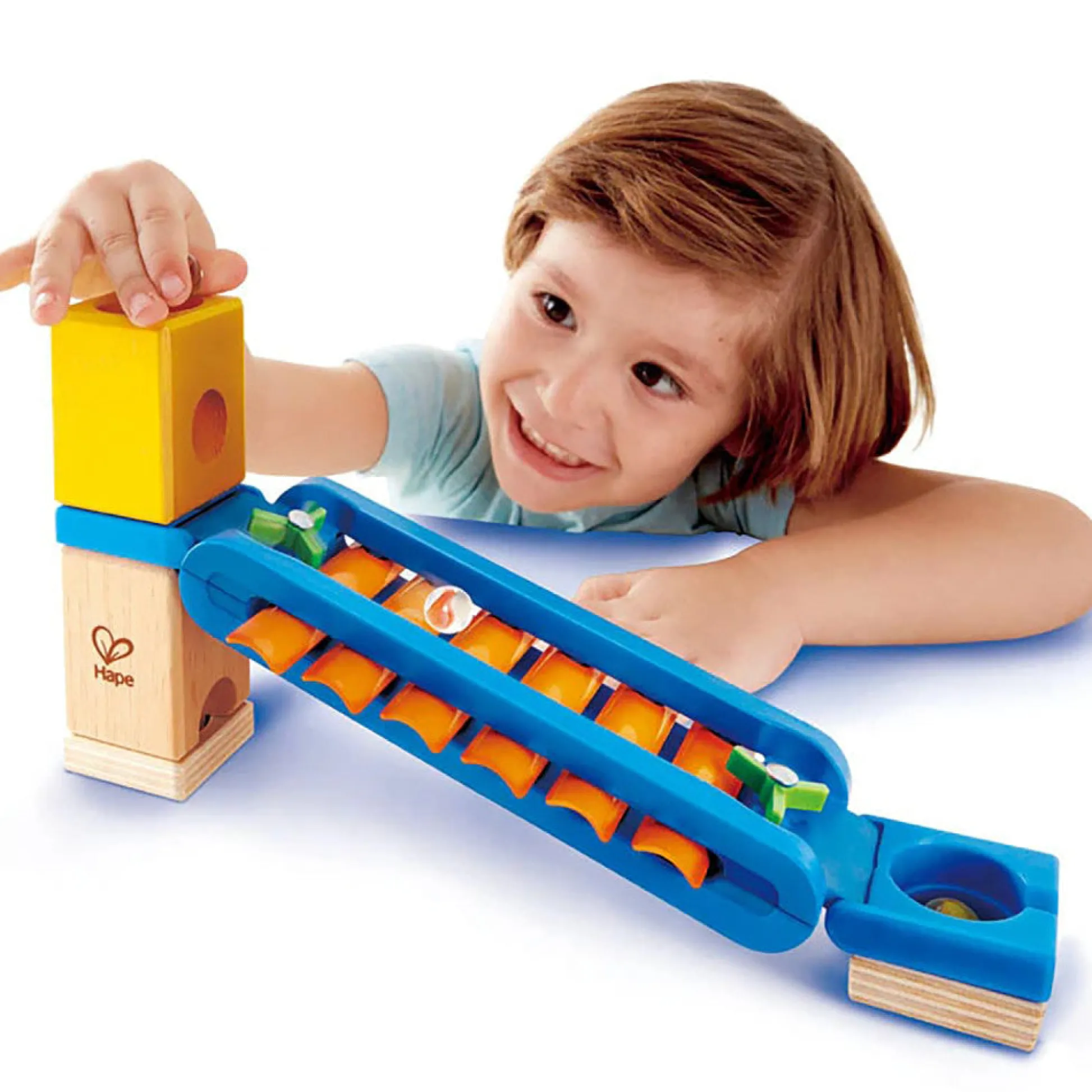 Flat River Group Hape Quadrilla 15-Piece Sonic Playground Marble Run with Xylophone Rail* Wood & Jumbo Blocks
