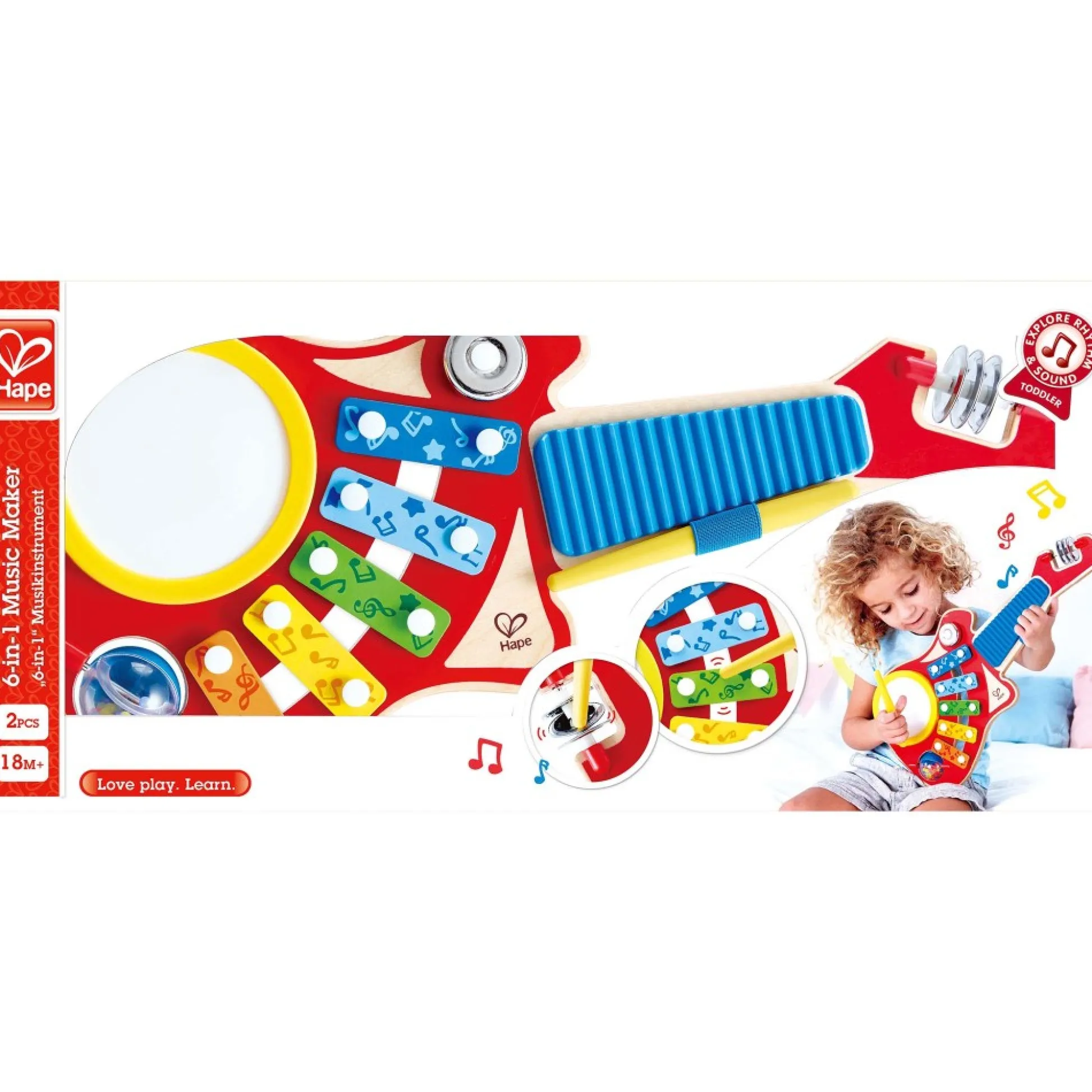 Flat River Group Hape Rainbow 6-in-1 Music Maker Wooden Guitar Toy* Preschool Education Toys & Activities|Musical & Sound Toys
