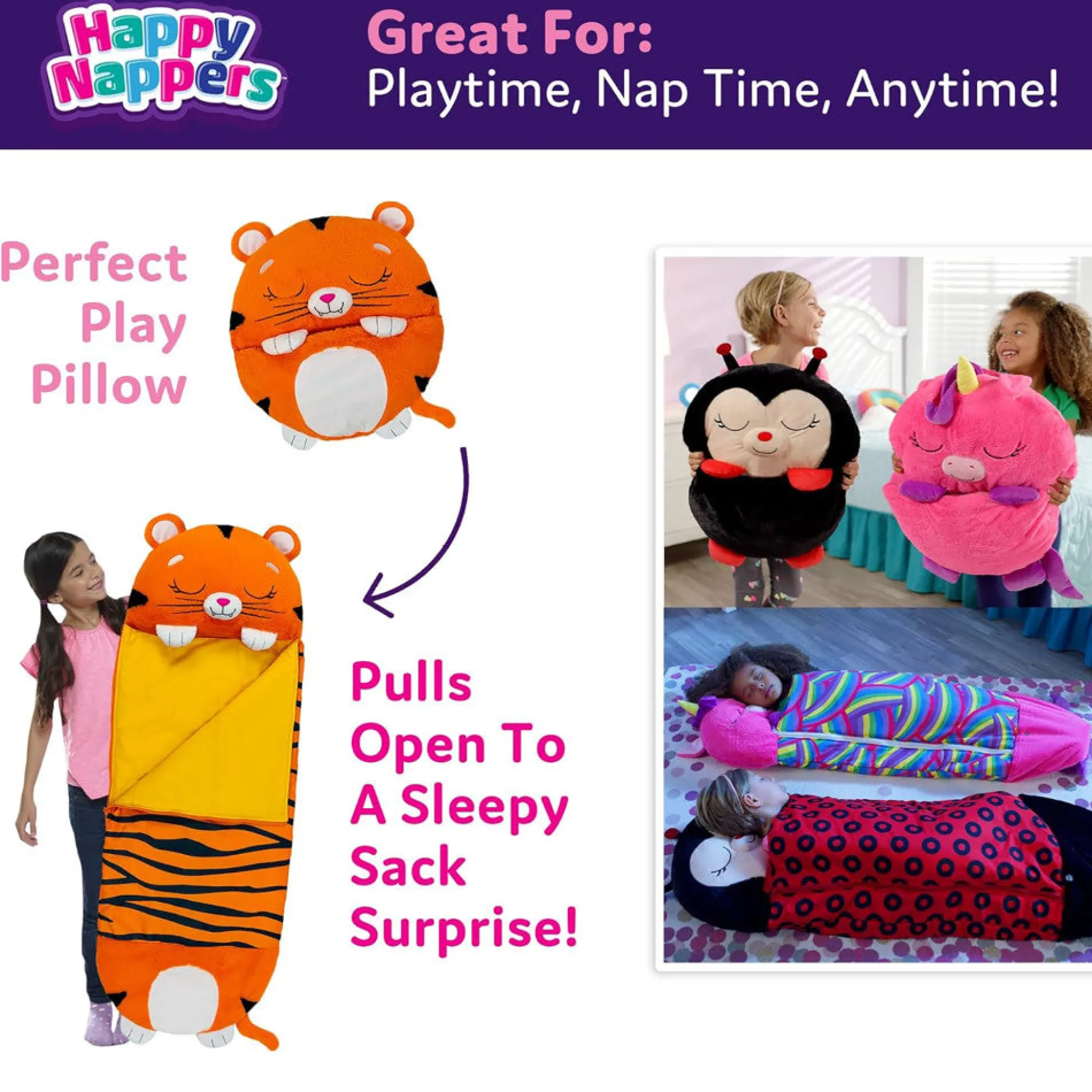 Flat River Group Happy Nappers Tiger Tobi 54 inch Plush Pillow & Sleepy Sack - Medium* Stuffed Animals|Stuffed Animals & Plush Toys