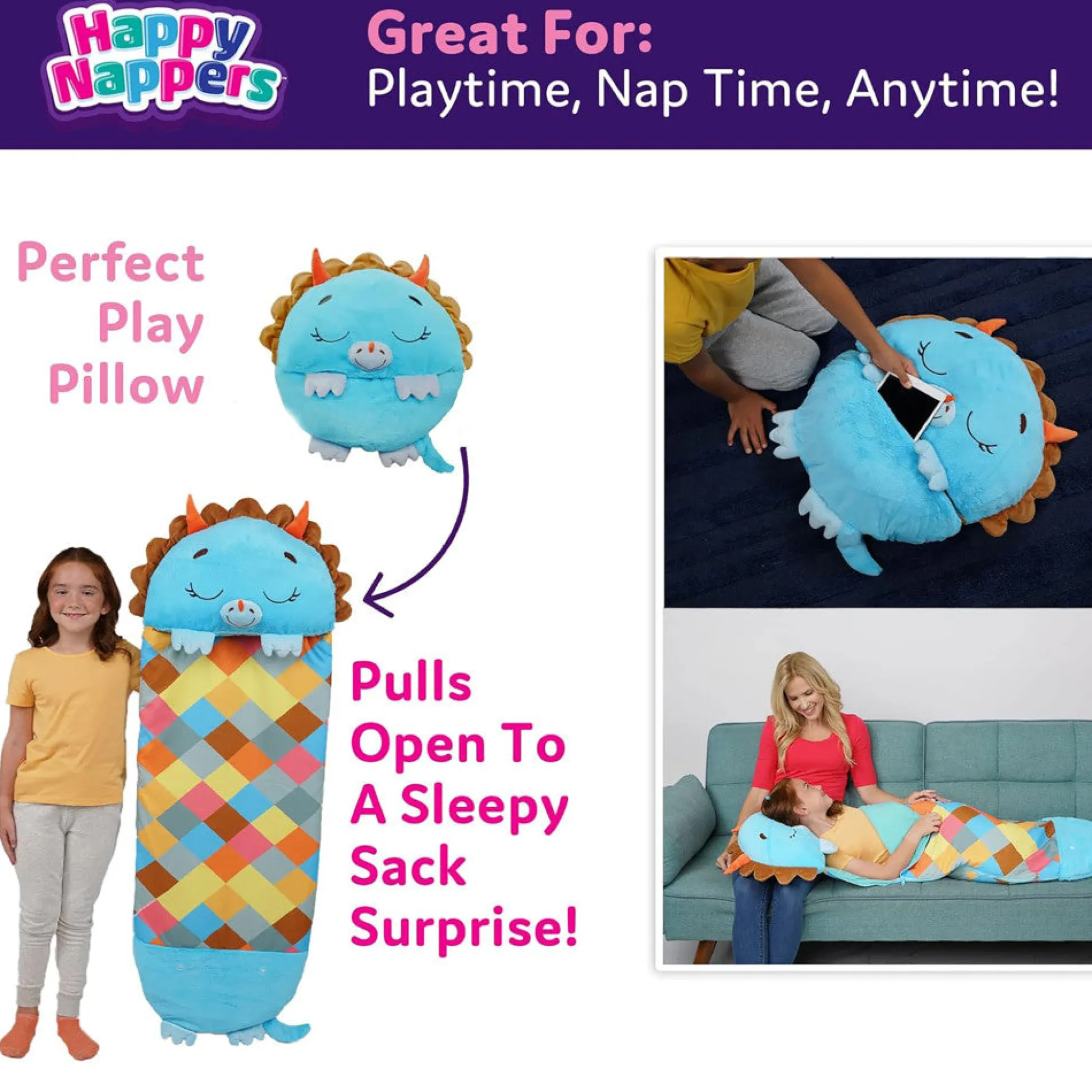 Flat River Group Happy Nappers Triceratops Timmy 54 Inch Plush Pillow & Sleepy Sack - Medium* Stuffed Animals|Stuffed Animals & Plush Toys
