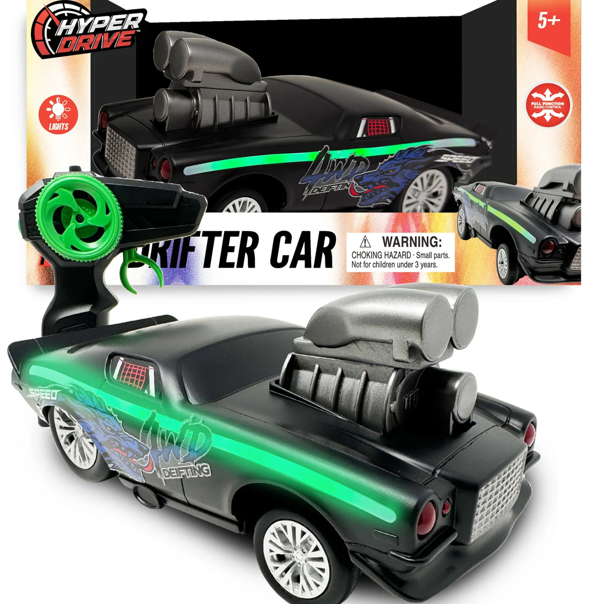 Flat River Group Hyper Drive RC 1:16 Scale Street Racer - Black-Green with LED Lights* Rc Cars & Flight