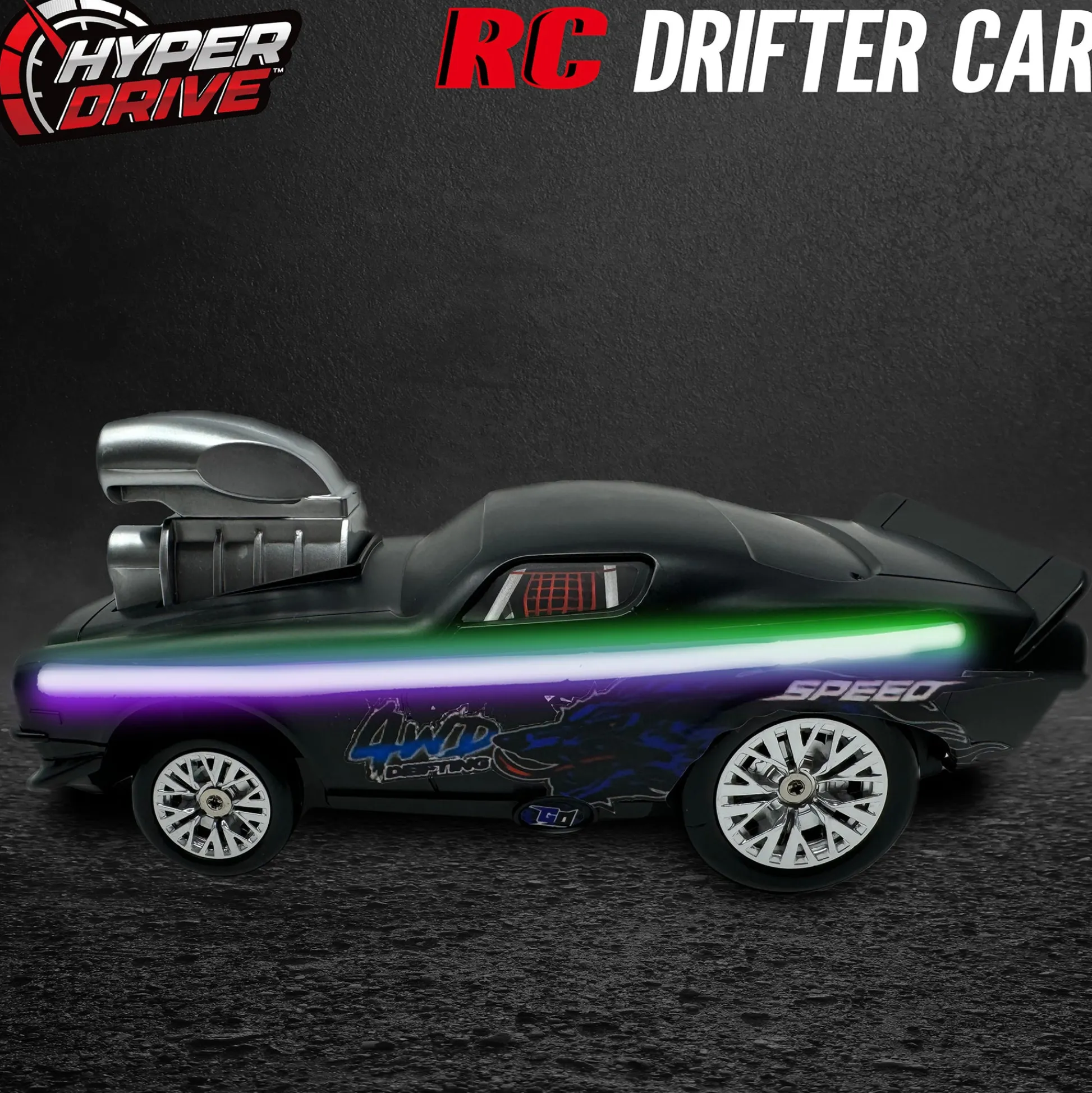Flat River Group Hyper Drive RC 1:16 Scale Street Racer - Black-Green with LED Lights* Rc Cars & Flight