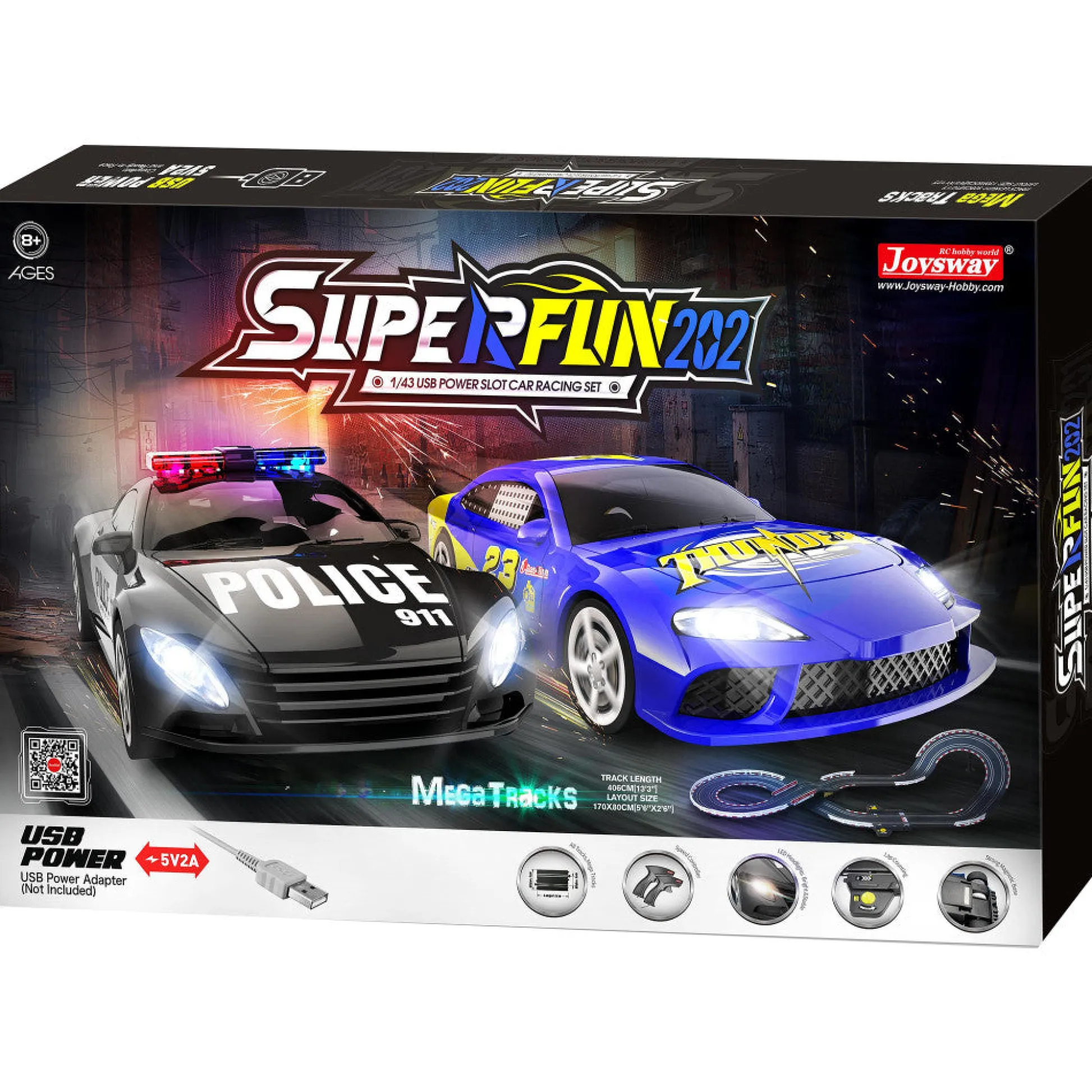 Flat River Group Joysway SuperFun 202 - 1/43 Scale USB-Powered Slot Car Racing Set with LED Headlights and Lap Counter* Playsets & Racetracks