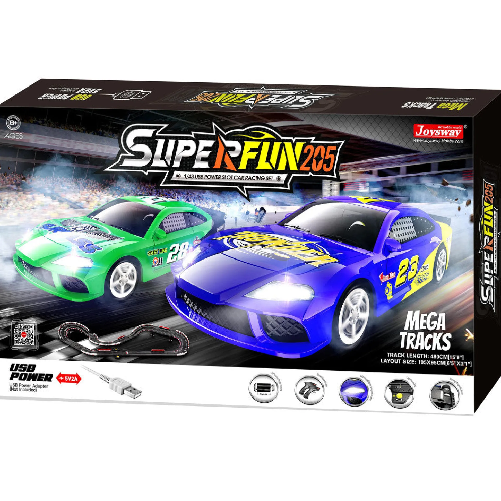 Flat River Group Joysway SuperFun 205 1:43 Scale USB-Powered Slot Car Racing Set with LED Headlights* Playsets & Racetracks