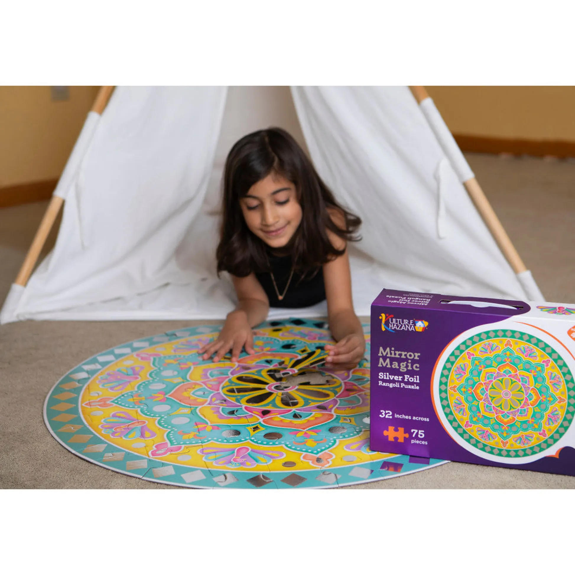 Flat River Group Kulture Khazana Mirror Magic Silver Foil Rangoli Floor Puzzle - 75pc* Puzzles