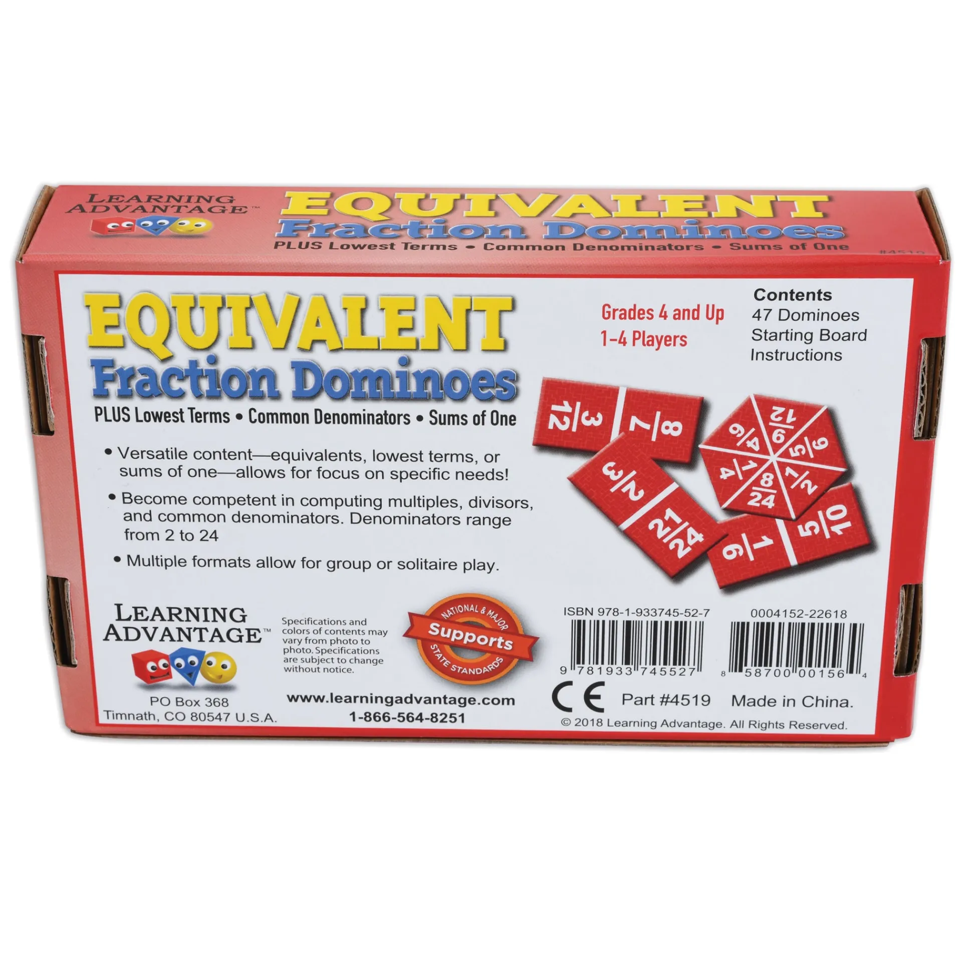 Educators Resource Learning Advantage Equivalent Fraction Dominoes - Math Learning Game - Pack of 2* Dominoes & Tiles Games