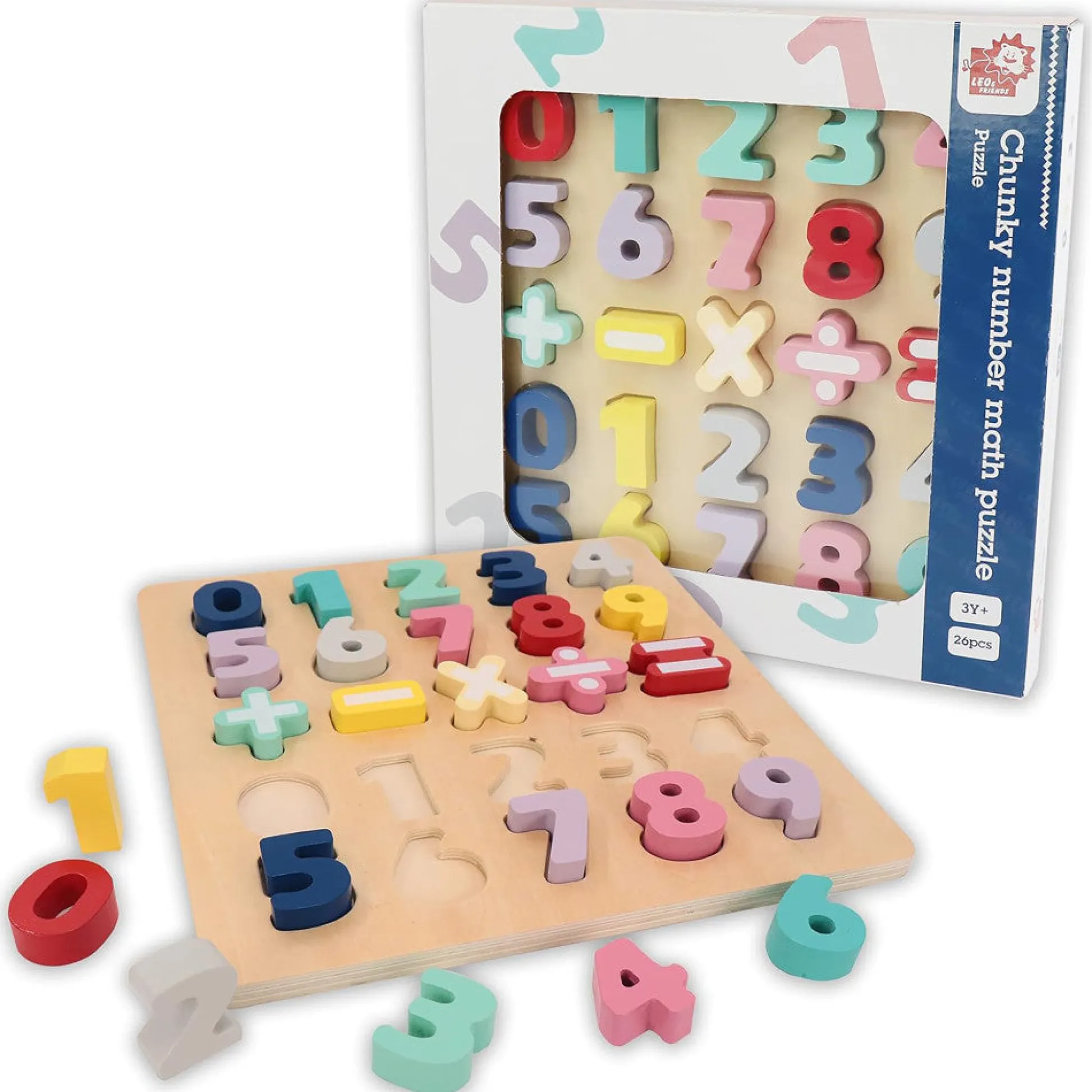 Flat River Group LEO & FRIENDS Colorful Wooden Chunky Number Math Puzzle - 26 Pieces, Learning Toy* Math Toys|Math, Counting & Time