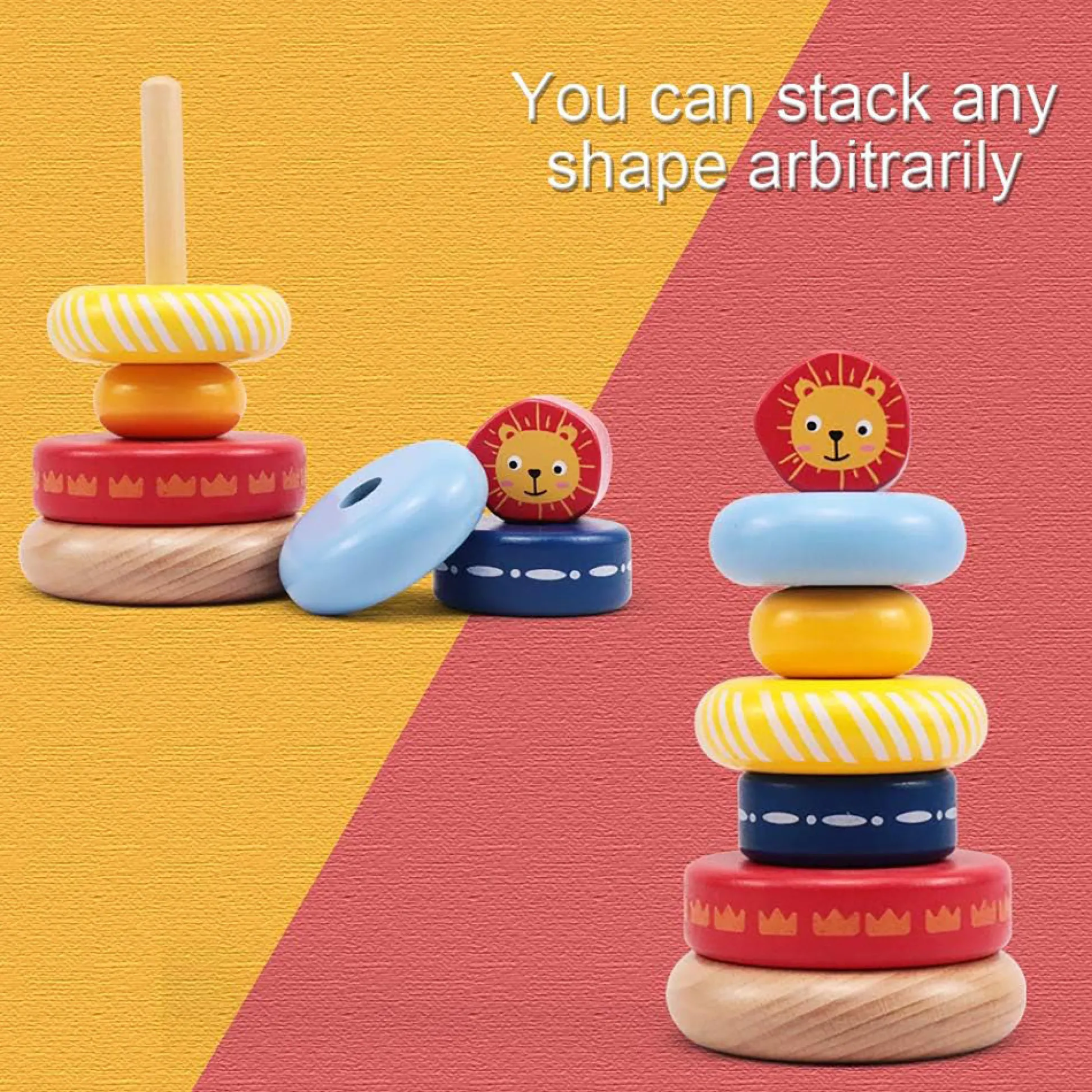Flat River Group LEO & FRIENDS Lion-Top Wooden Stacking Ring Toy - Colorful* Blocks, Sorting & Stacking Toys