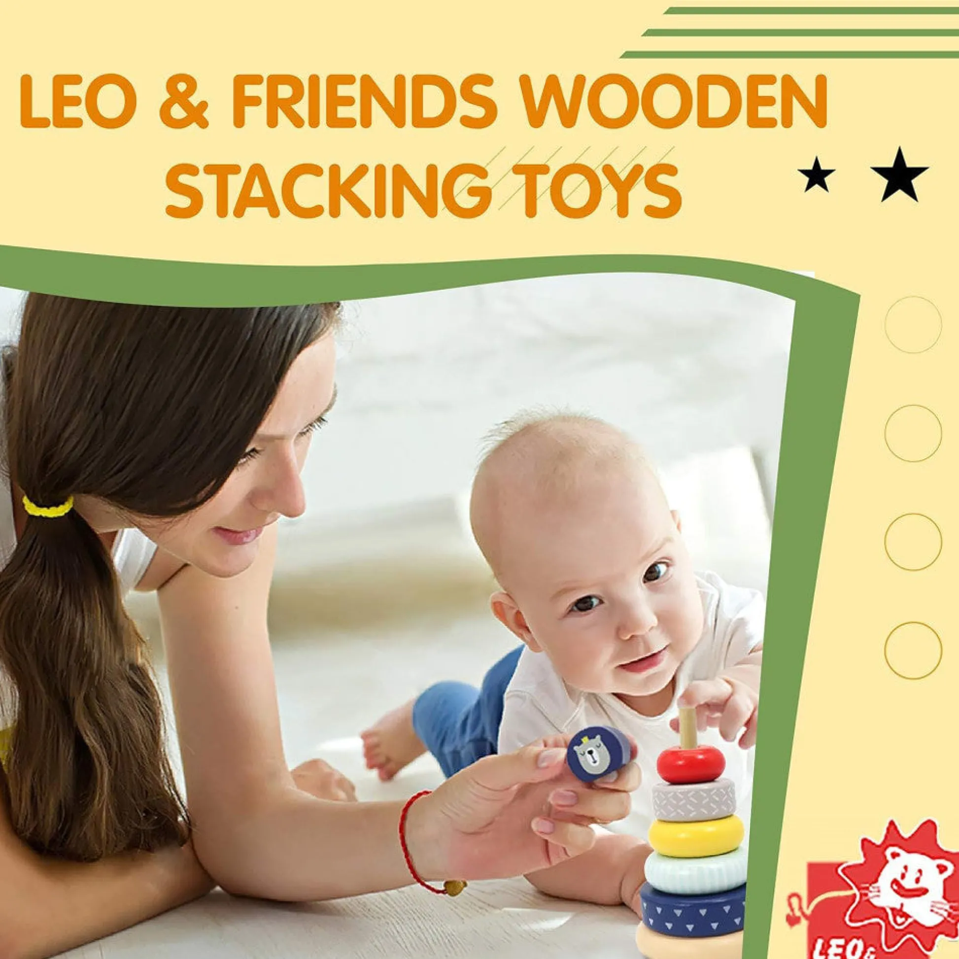 Flat River Group LEO & FRIENDS Montessori-Approved Wooden Stacking Rings - Benny The Bear* Blocks, Sorting & Stacking Toys