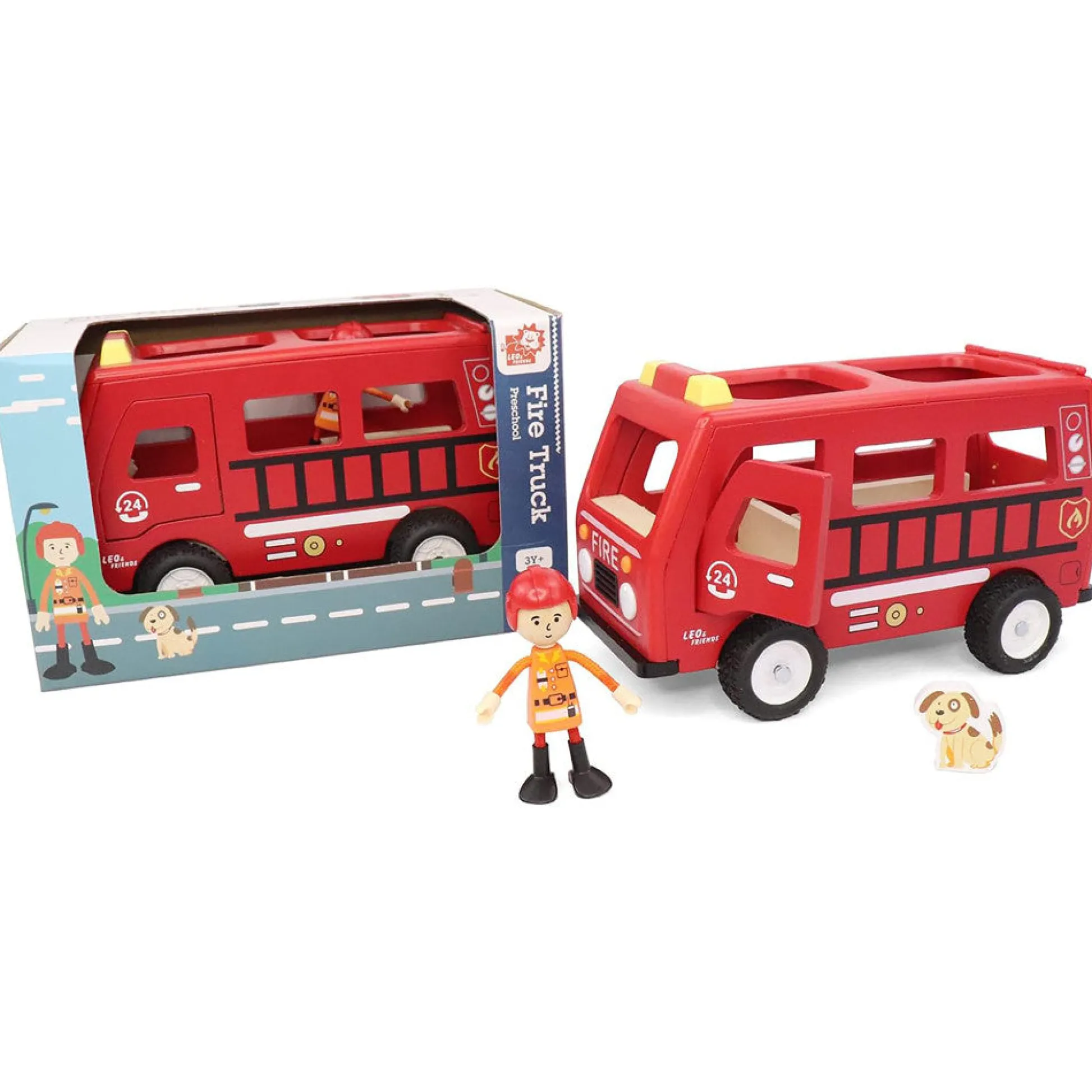 Flat River Group LEO & FRIENDS Wooden Fire Truck Adventure Playset - 3 Pieces* Preschool Education Toys & Activities|Preschool Vehicles