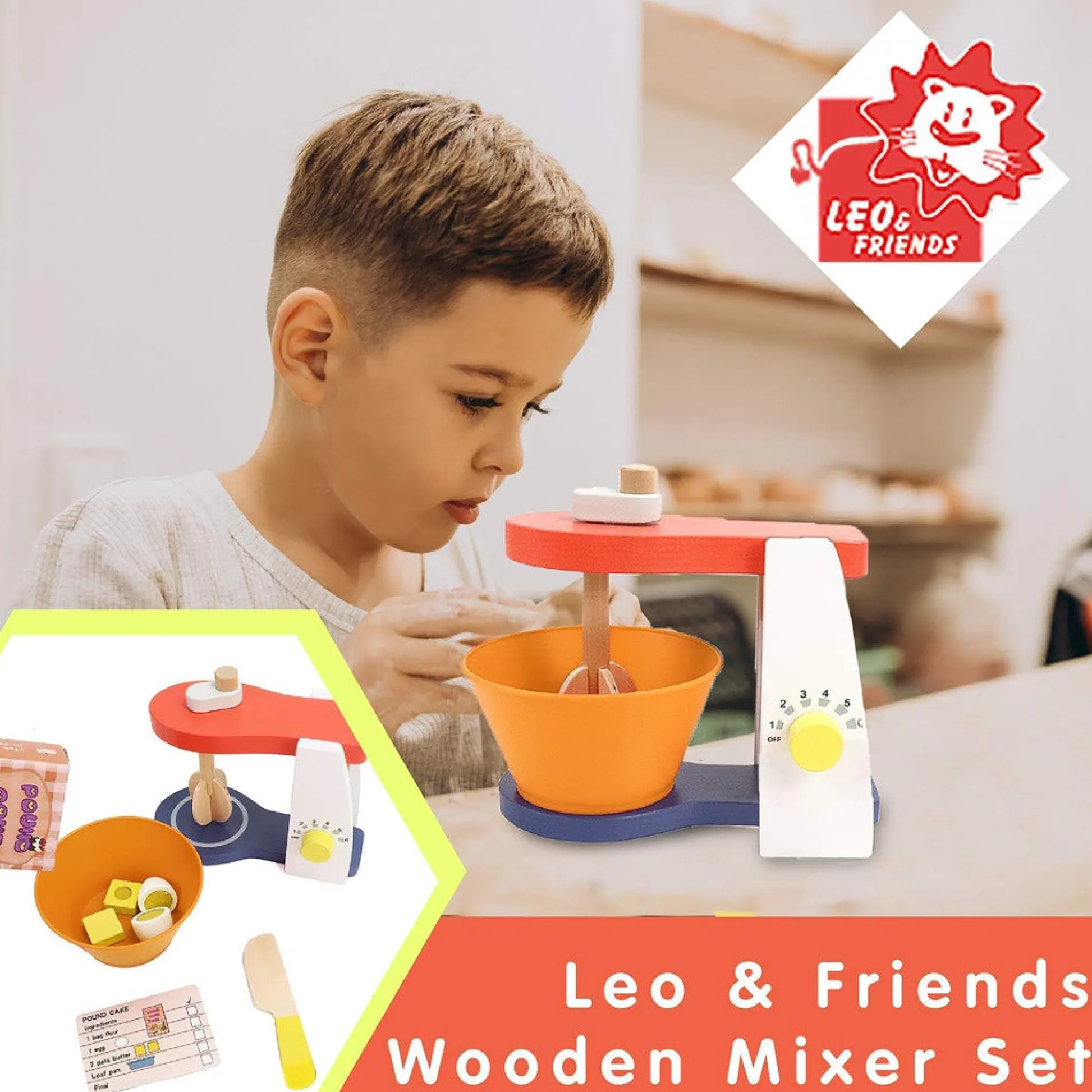 Flat River Group LEO & FRIENDS Wooden Mixer Set - 9pc Make-A-Cake Kit* Kitchens & Play Food|Dress Up
