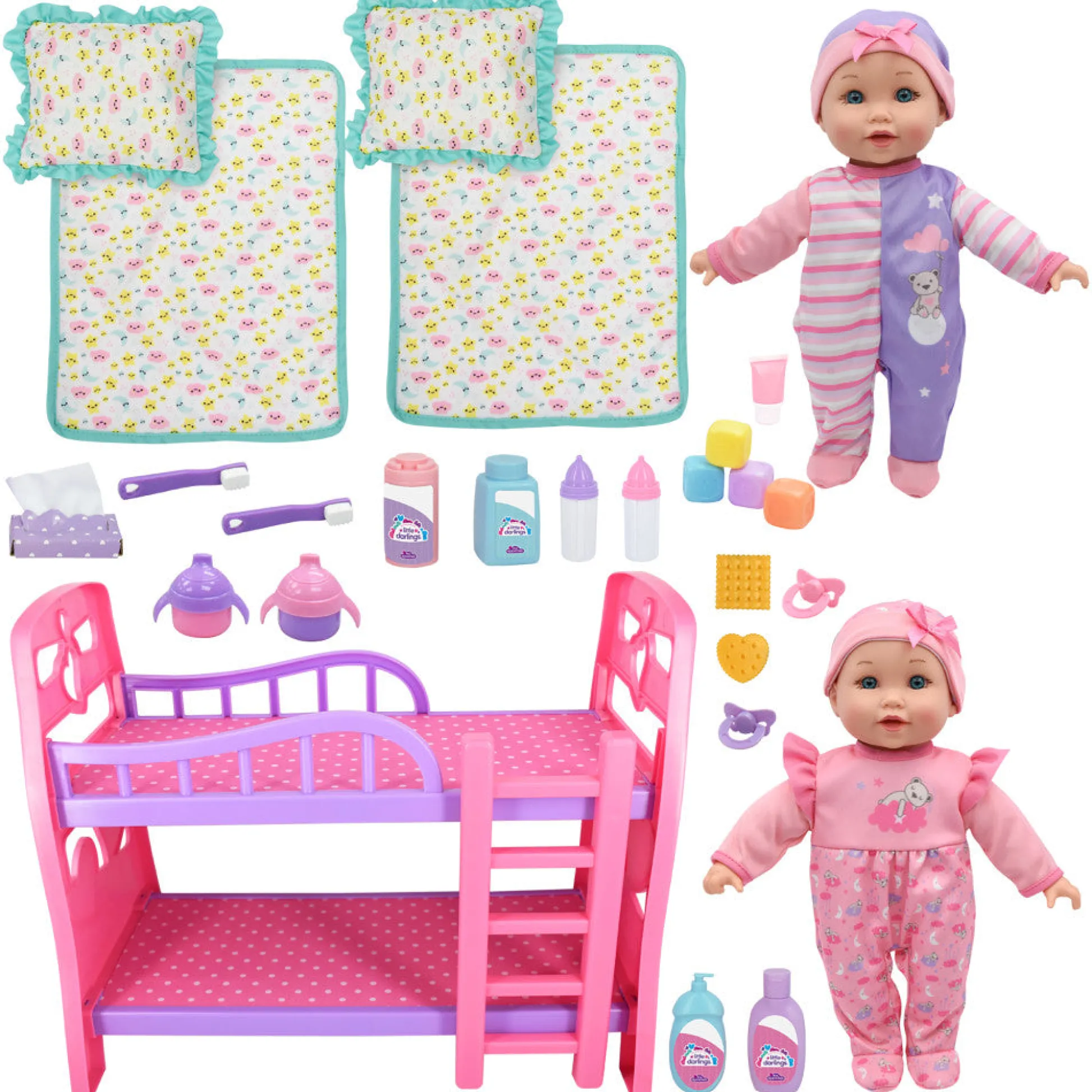 Flat River Group Little Darlings 12" - Twin Dolls Bedtime Fun Set 29pc - Pink, Purple, Green - Playset for Kids Ages 2+* Stuffed Animals & Plush Toys|Social & Emotional Skills