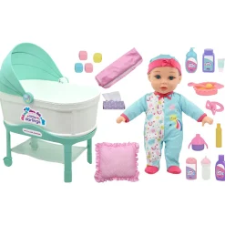 Flat River Group Little Darlings 12-Inch Bassinet Baby Doll Set - Teal, Pink, Stars* Baby Dolls|Stuffed Animals & Plush Toys