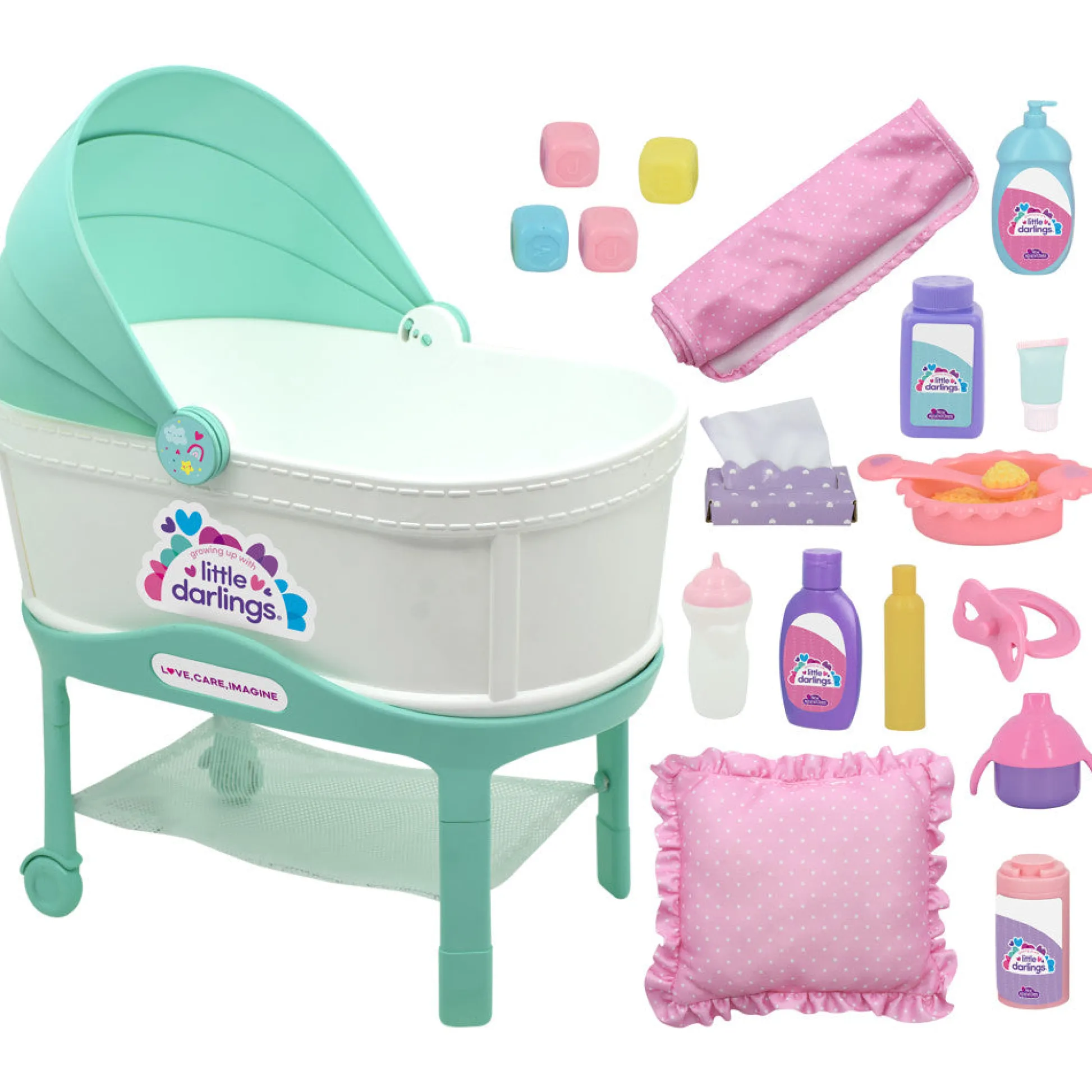 Flat River Group Little Darlings 12-Inch Bassinet Baby Doll Set - Teal, Pink, Stars* Baby Dolls|Stuffed Animals & Plush Toys
