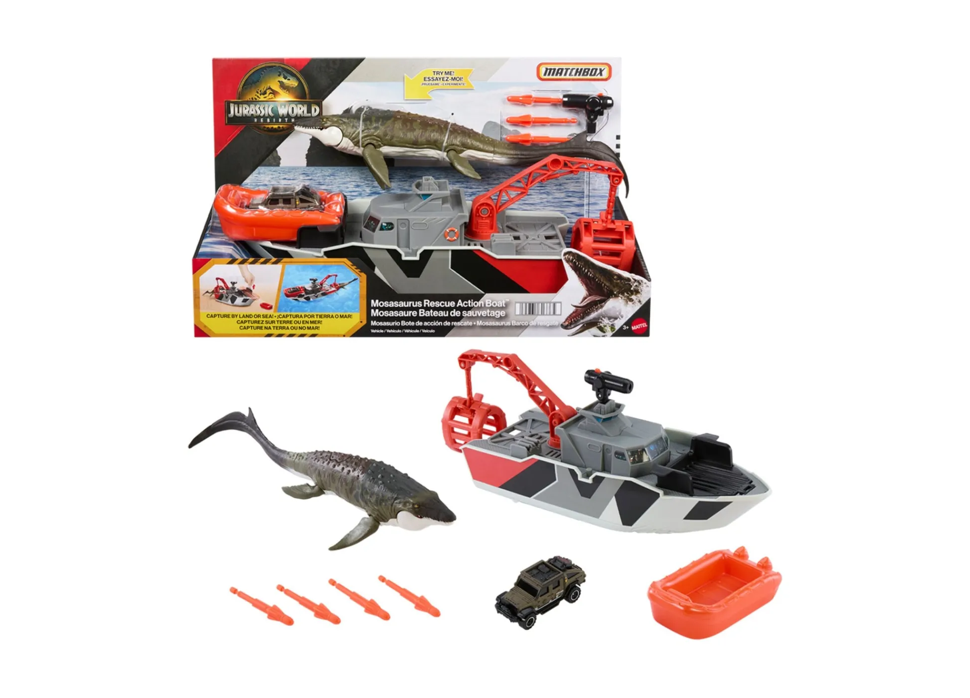 Macy's - Supplier Matchbox Jurassic World 1:64 Mosasaurus Rescue Boat Playset* Playsets & Vehicles