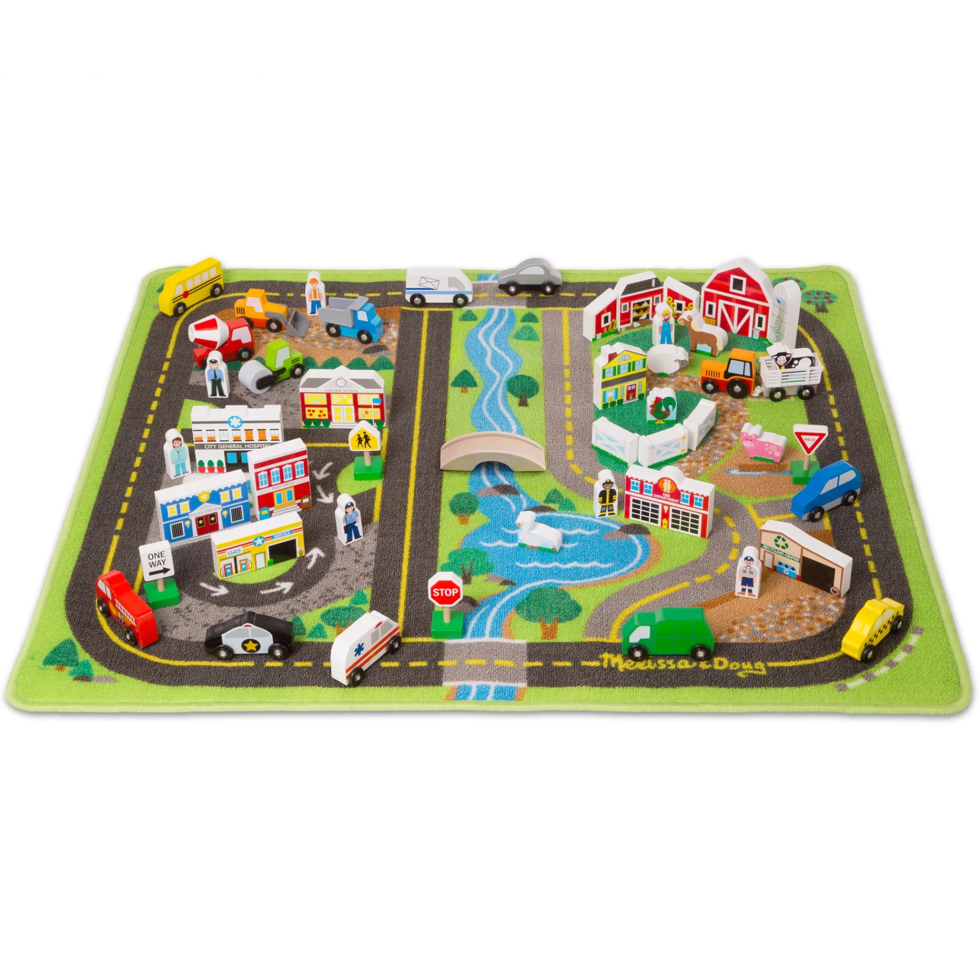 Educators Resource Melissa & Doug Deluxe Road Rug Play Set with Wooden Accessories* Playsets & Vehicles