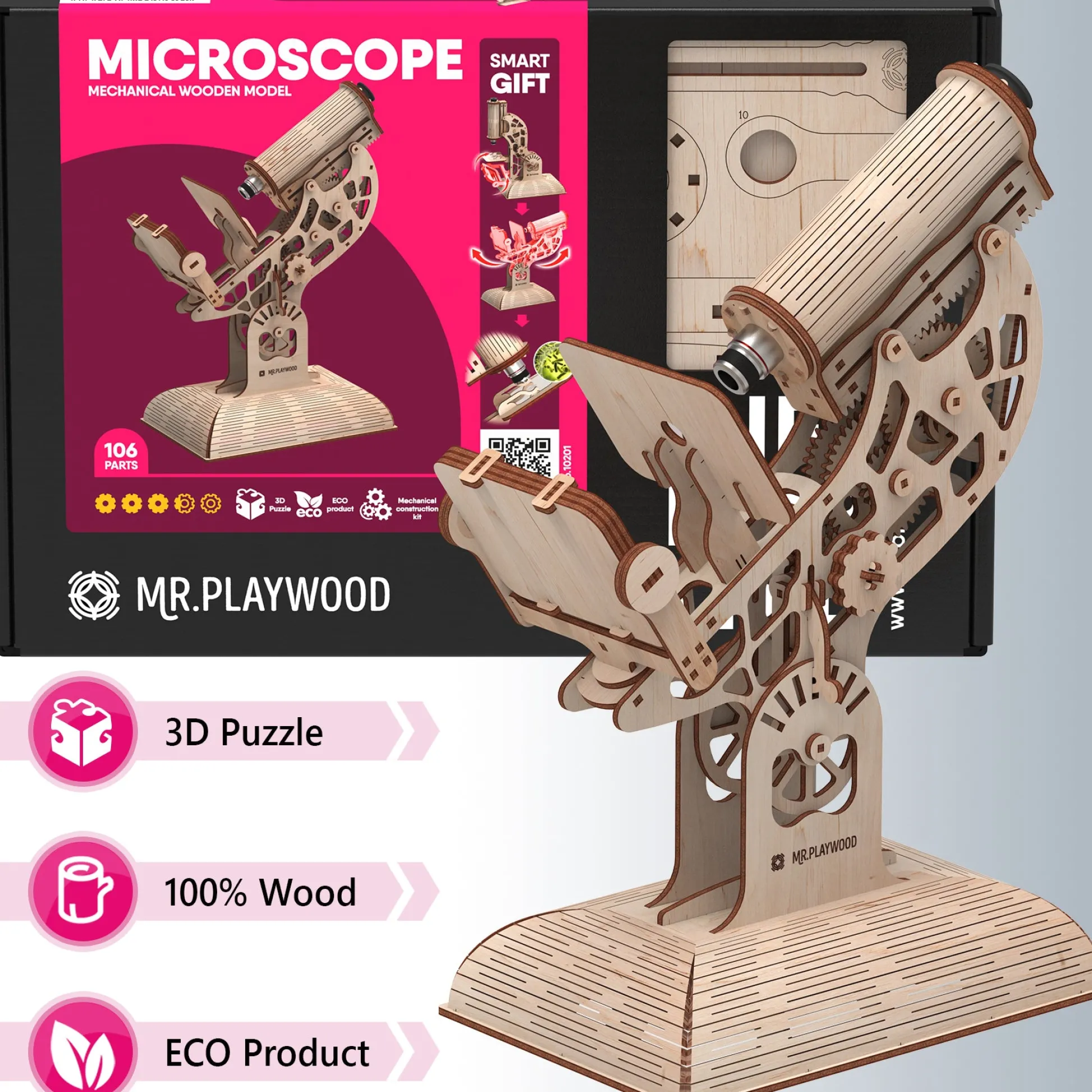 Educators Resource Mr.PLAYWOOD Microscope Mechanical Wooden 3D STEM Model* Engineering Toys