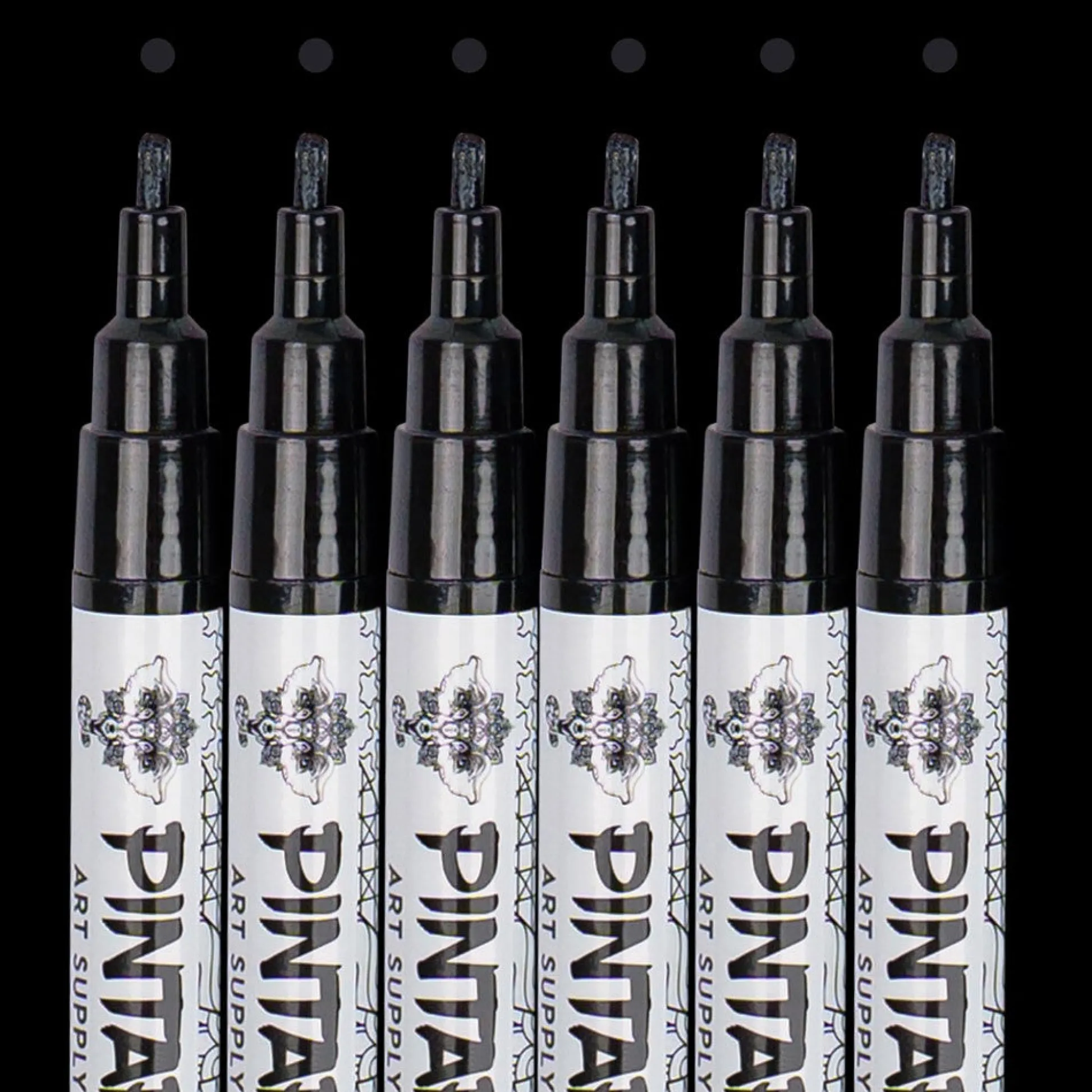 Flat River Group Pintar Acrylic Paint Markers Set - Fine Tip 1mm, Black, 6 Pack* Drawing, Color & Painting