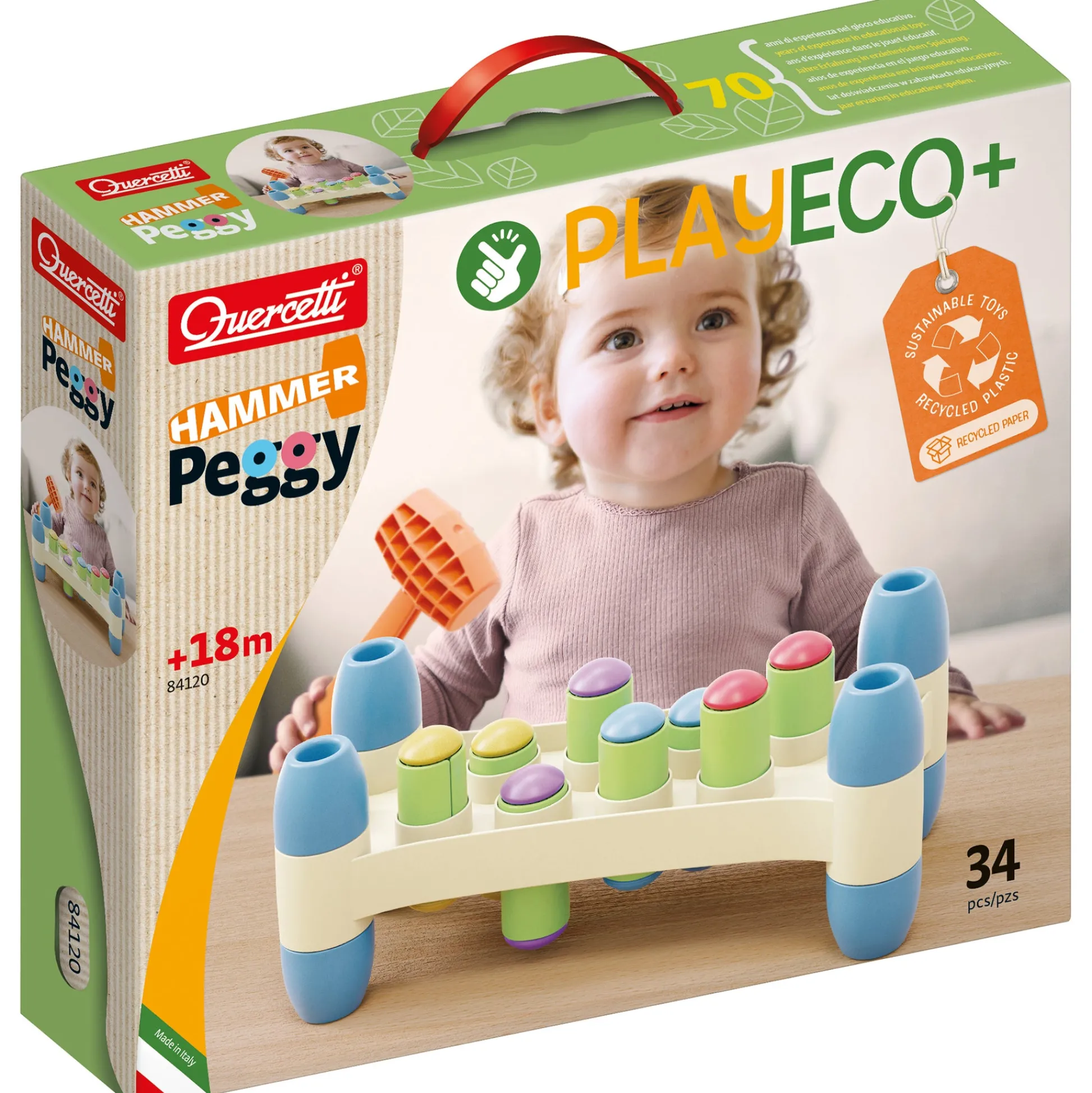 Flat River Group Quercetti PlayEco+ Hammer Peggy - Colorful Peg Pounding Toy* Preschool Education Toys & Activities