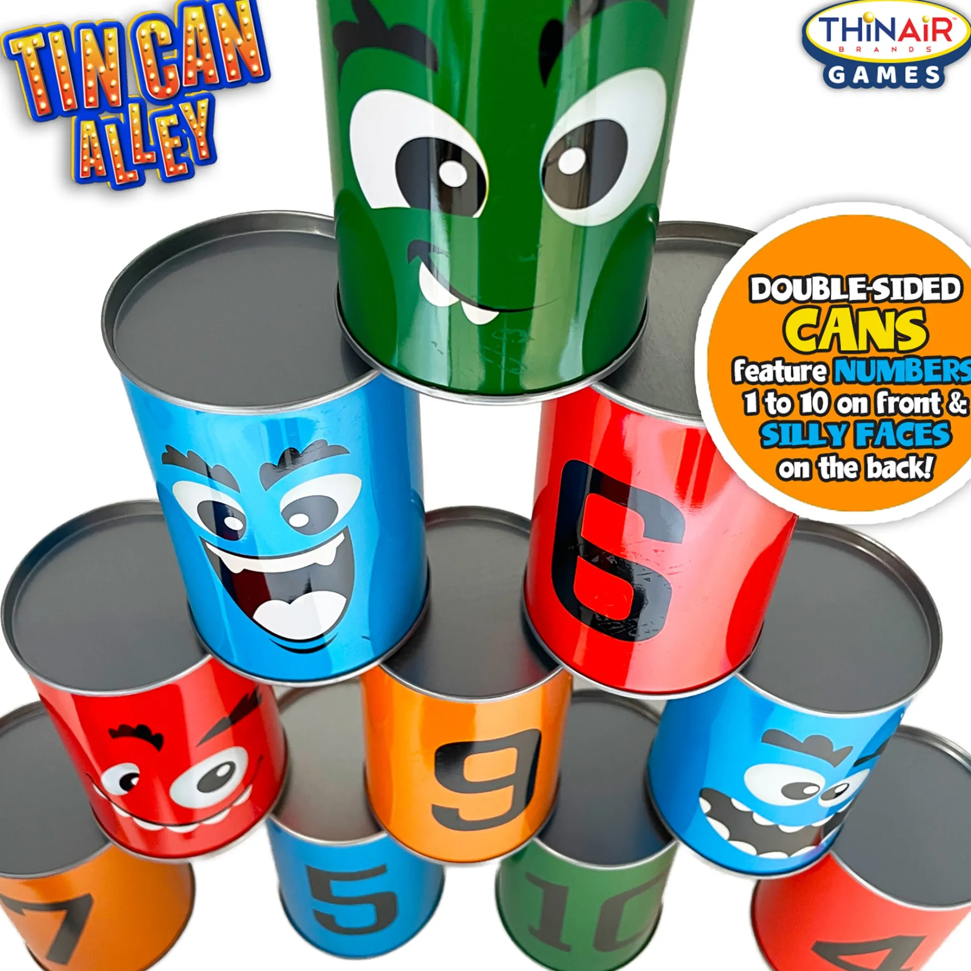 Flat River Group Thin Air Games Tin Can Alley Bean Bag Toss - Carnival Game Set with 10 Emoji Cans and 3 Bags* Family & Entertainments Games