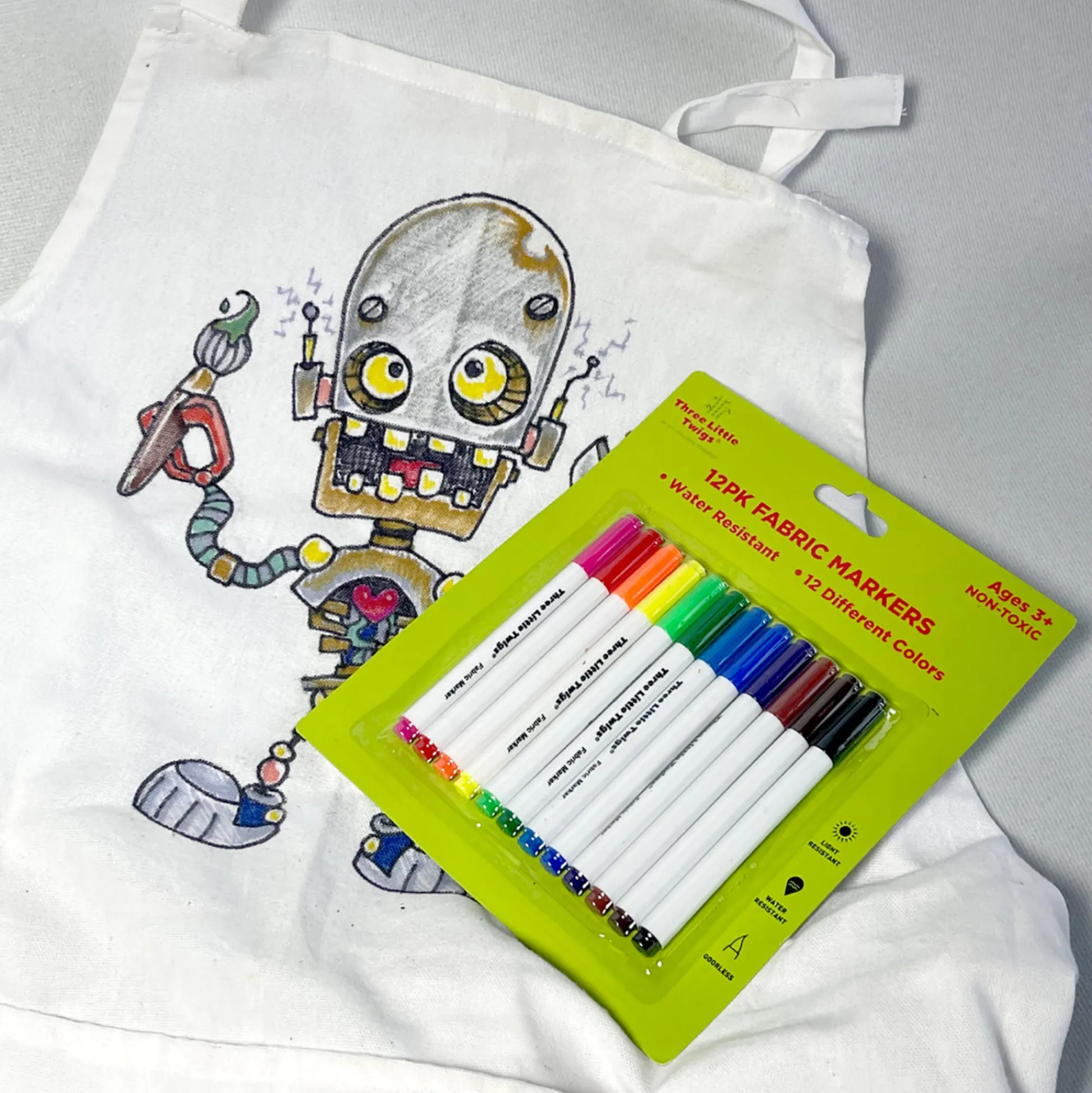 Flat River Group Three Little Twigs DIY Coloring Set: 12 Fabric Markers & Canvas Apron* Drawing, Color & Painting