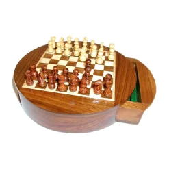 AreYouGame WorldWise Imports 6" Magnetic Round Wood Inlaid Chess Set with Slide Drawer* Board Games|Role-Playing Games